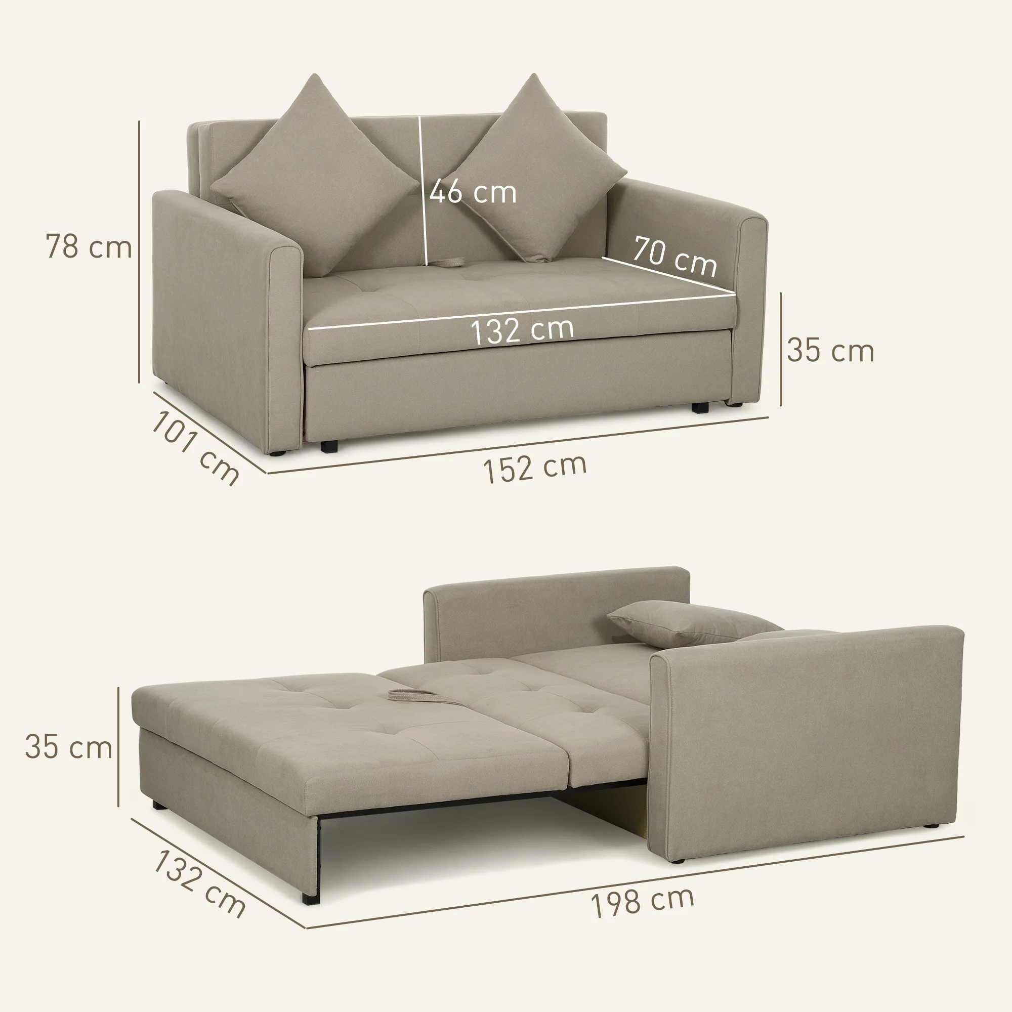 HOMCOM 2 Seater Sofa Bed Convertible Bed Settee w/ 2 Cushions - Image 5