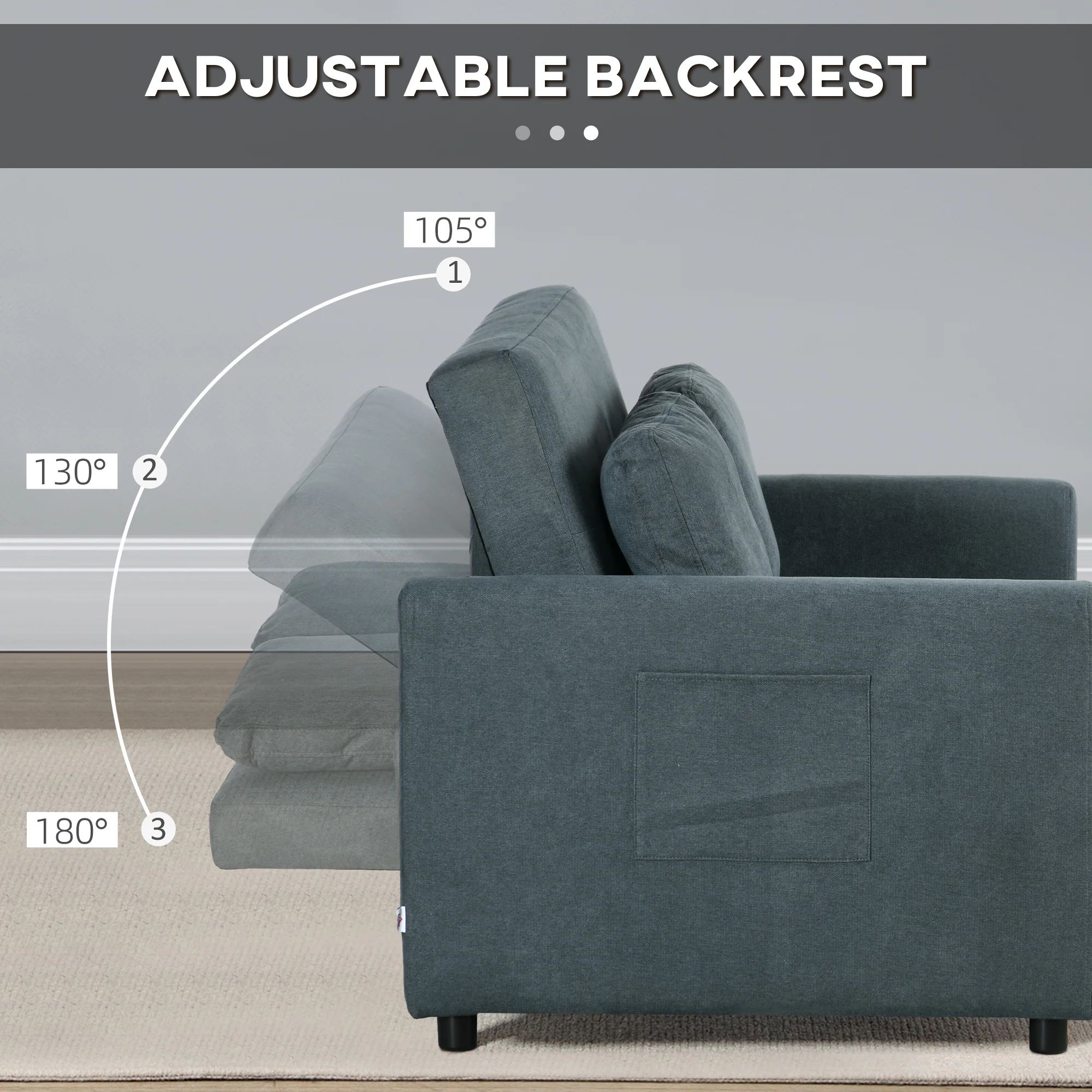 HOMCOM 2 Seater Sofa Bed Convertible Bed Settee With Cushions, Pockets, Grey - Image 4