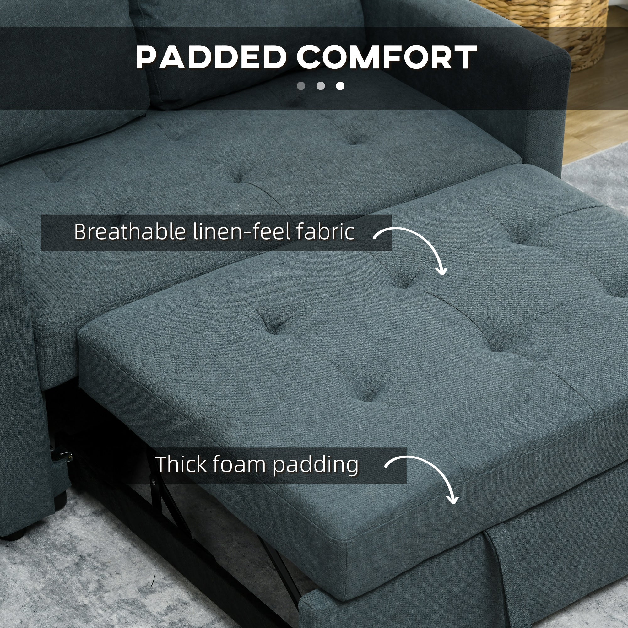 HOMCOM 2 Seater Sofa Bed Convertible Bed Settee With Cushions, Pockets, Grey - Image 6