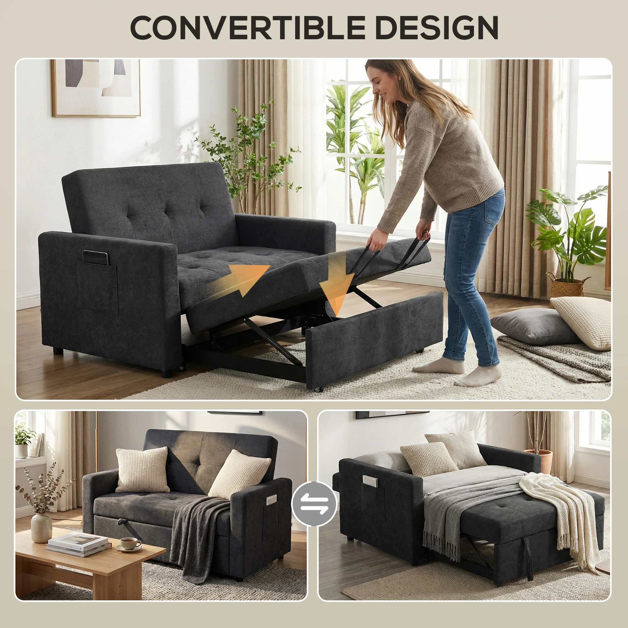 HOMCOM 2 Seater Sofa Bed Convertible Bed Settee With Pillows, Black - Image 4