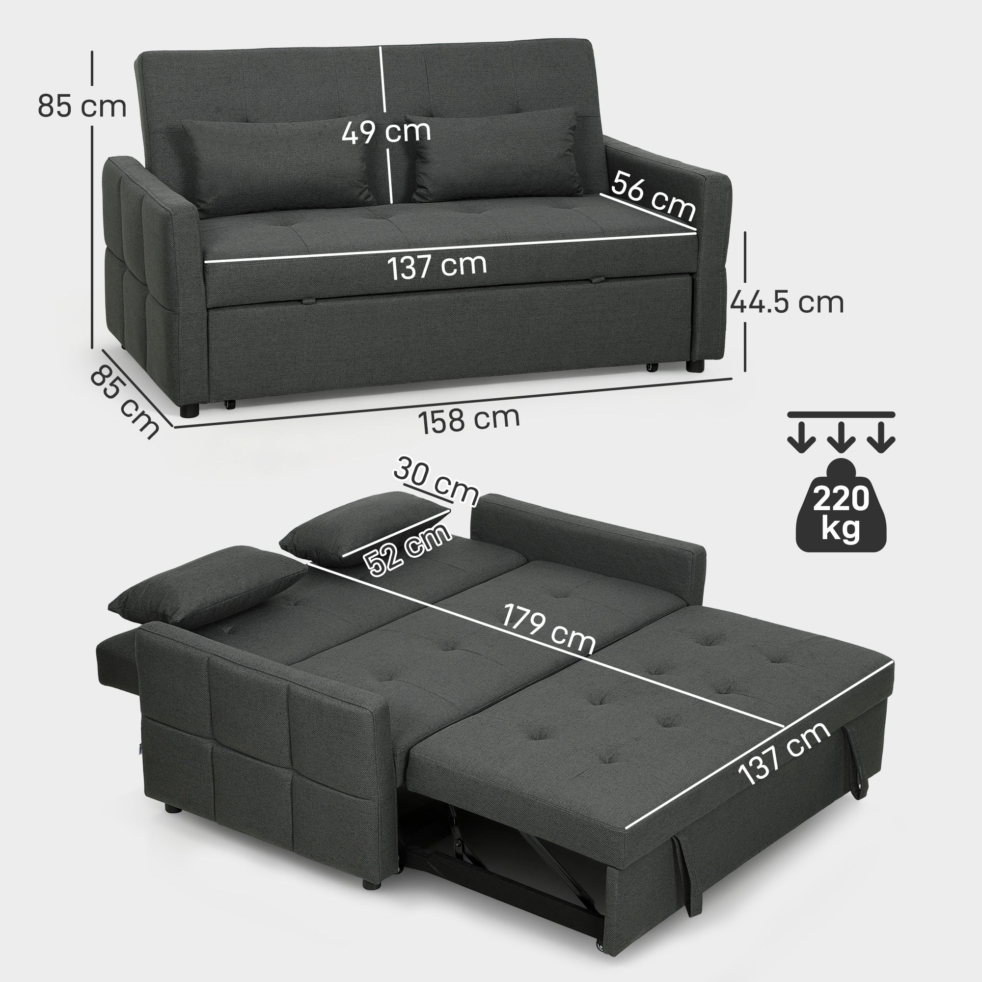 HOMCOM 2 Seater Sofa Bed, Convertible Pull Out Bed Settee, Charcoal Grey - Image 5