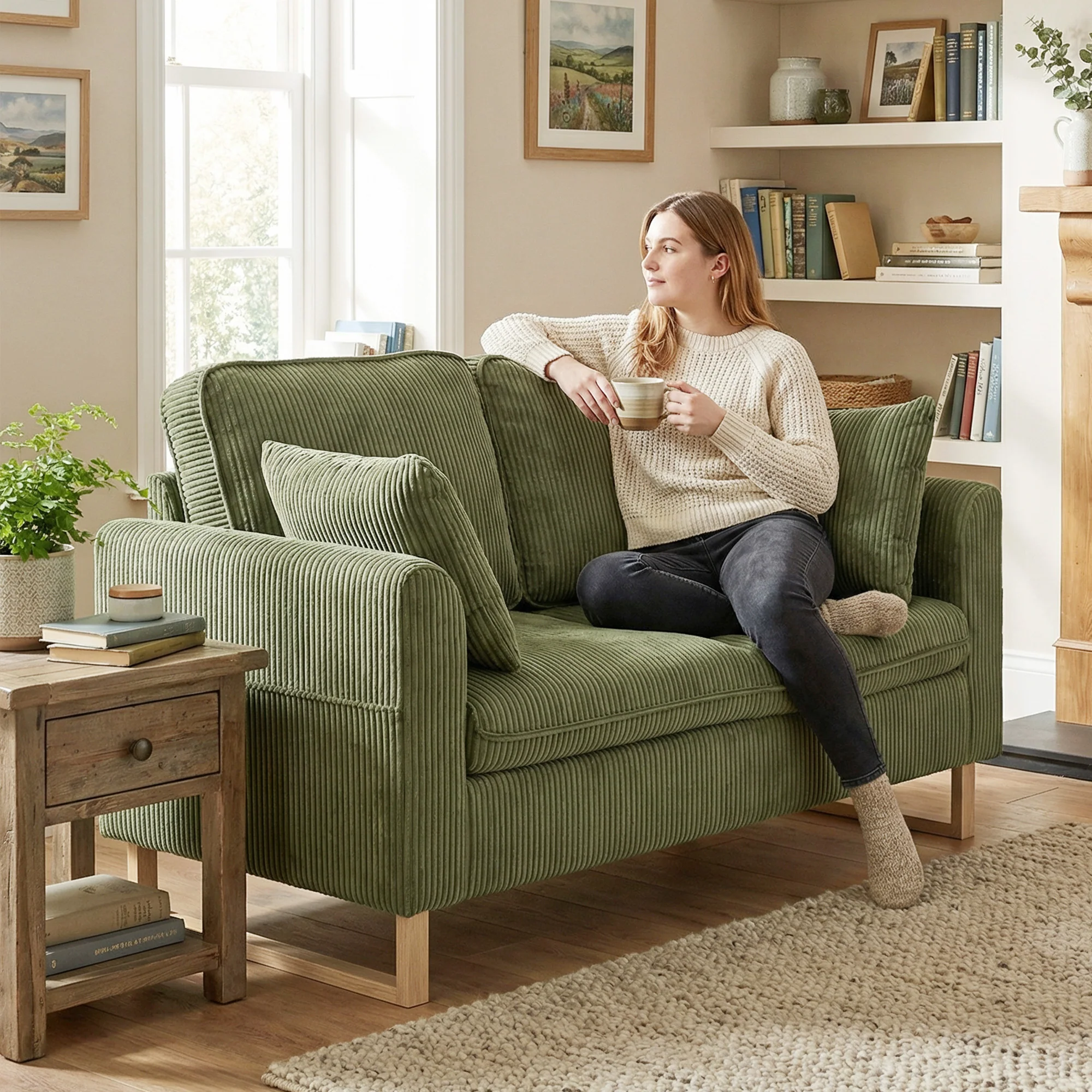 HOMCOM 2 Seater Sofa, Corduroy Sofa w/ Spring Cushions 2 Pillows, Dark Green - Image 2