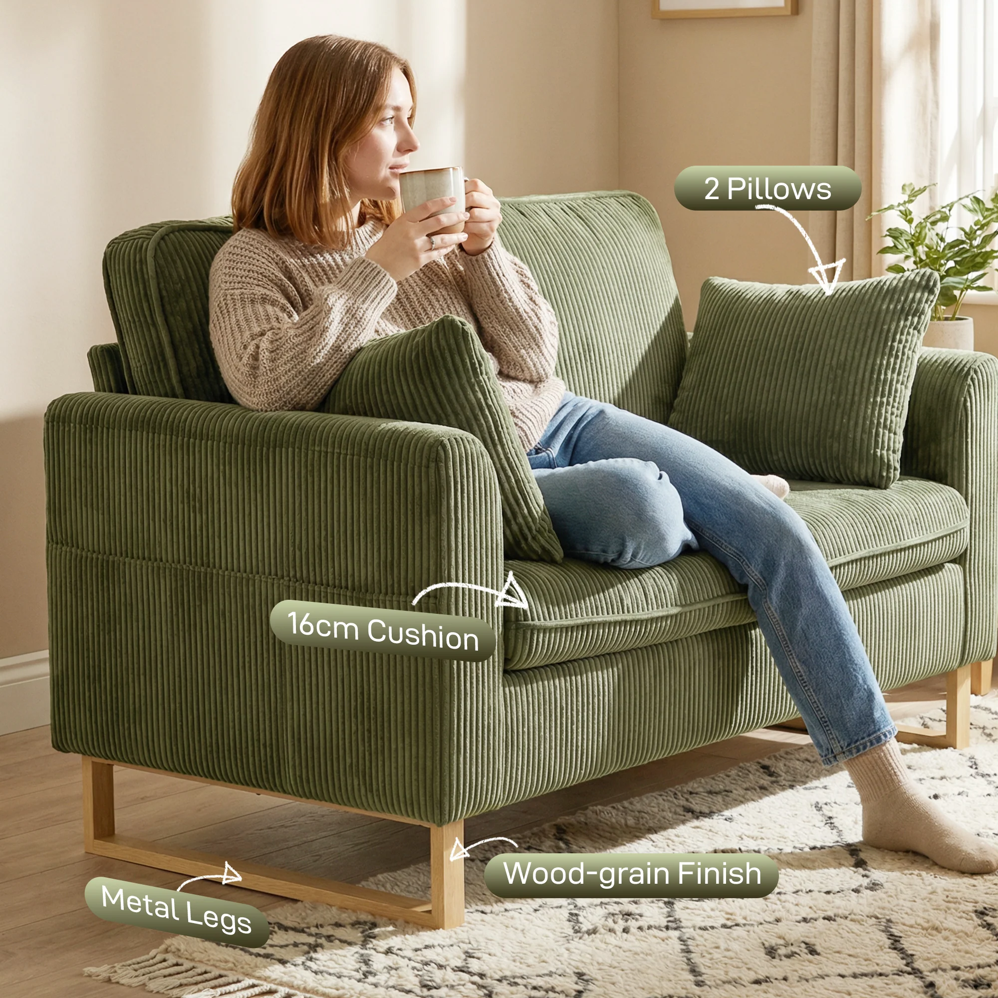 HOMCOM 2 Seater Sofa, Corduroy Sofa w/ Spring Cushions 2 Pillows, Dark Green - Image 5