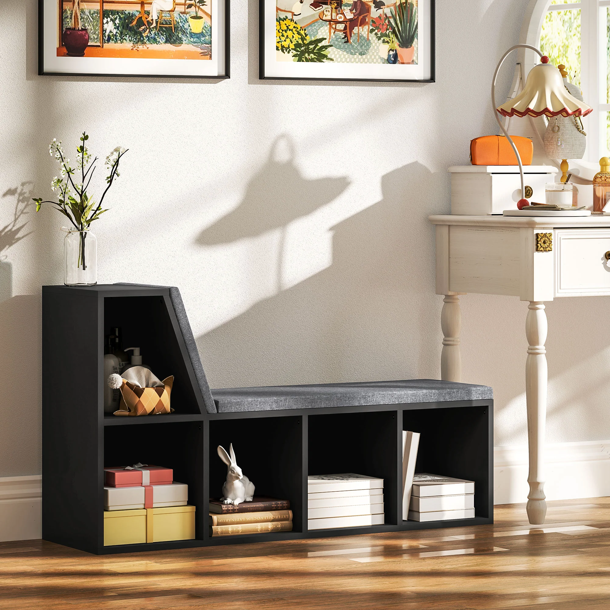HOMCOM 2 Tier Bookcase w/ Removable Cushions Storage Cabinet for Living Room - Image 2