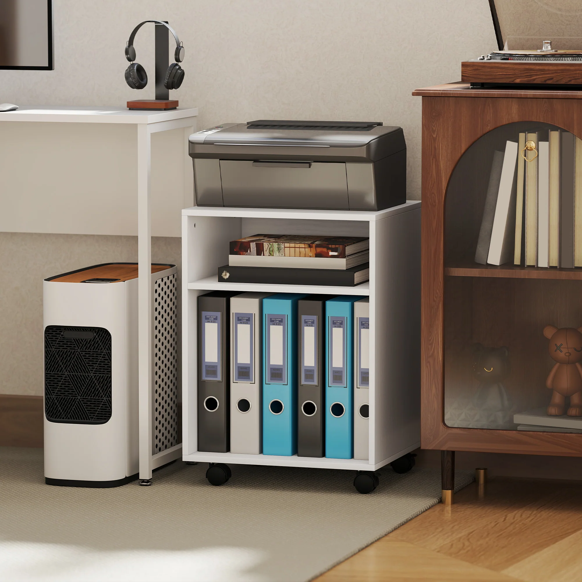 HOMCOM 2-Tier Printer Stand with Storage and Wheels, White - Image 6