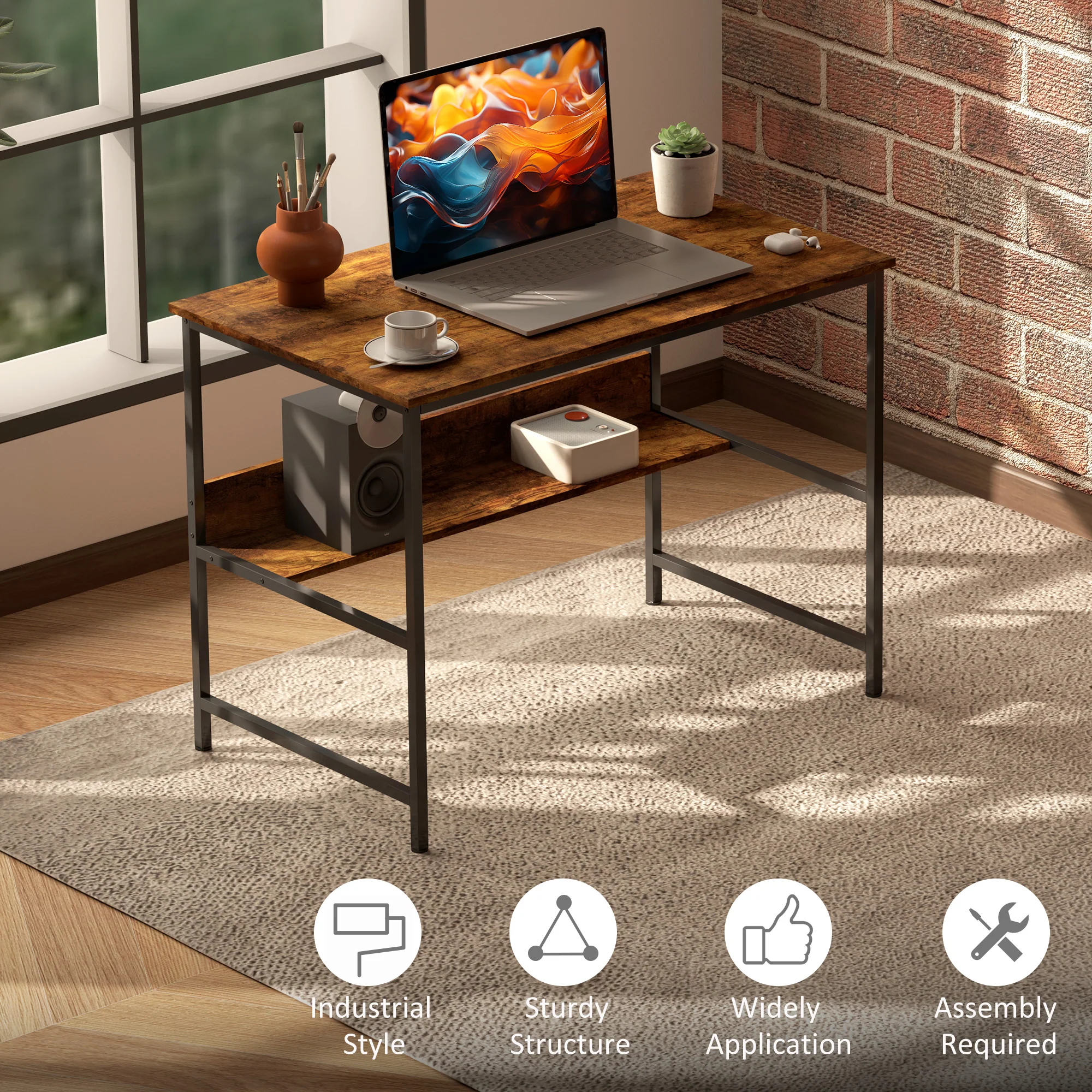 HOMCOM 2-Tier Writing Desk Metal Frame with Storage Shelf Rustic Brown - Image 6