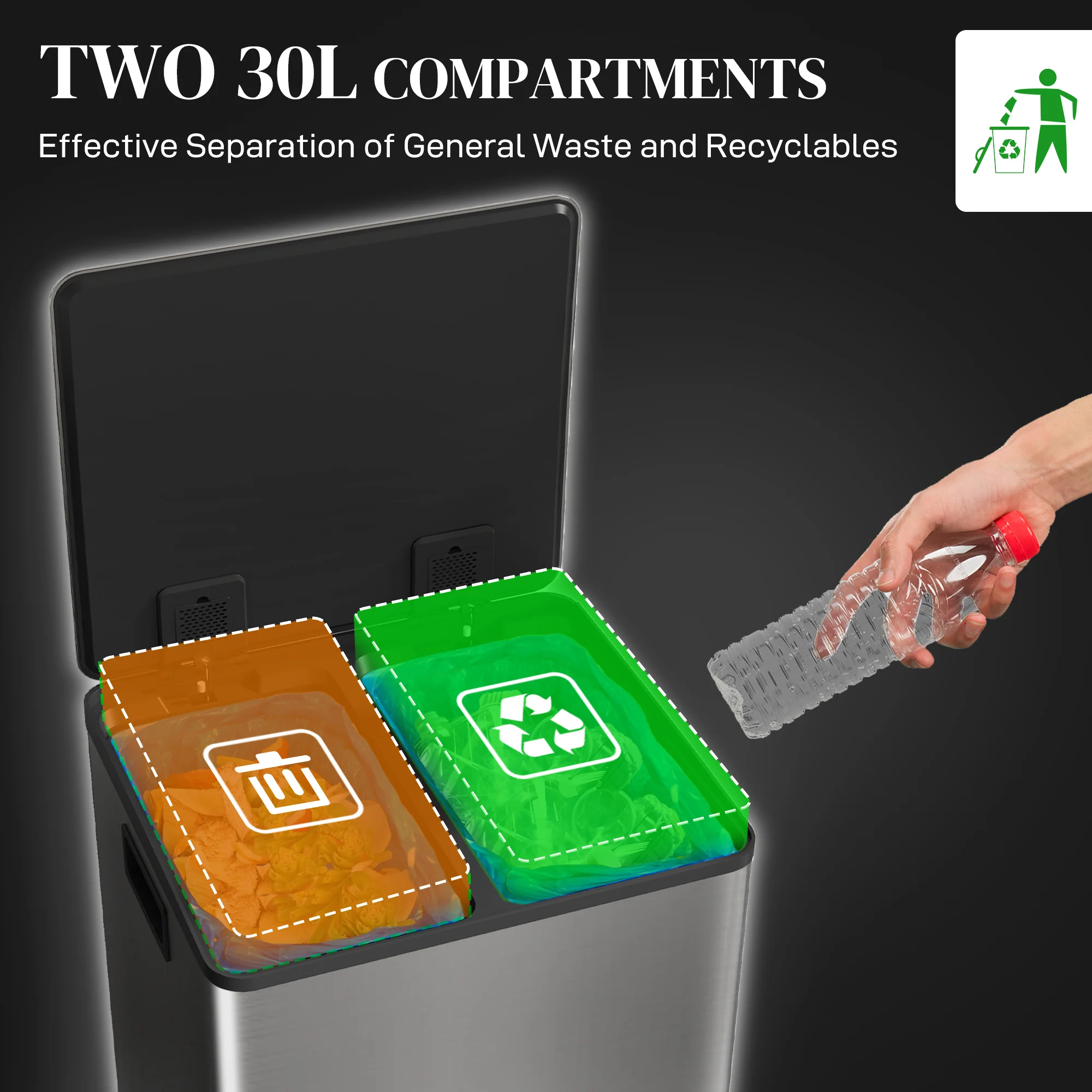 HOMCOM 2 X 25L Double Kitchen Bin, Pedal Bin With Soft-Close Lid - Image 12