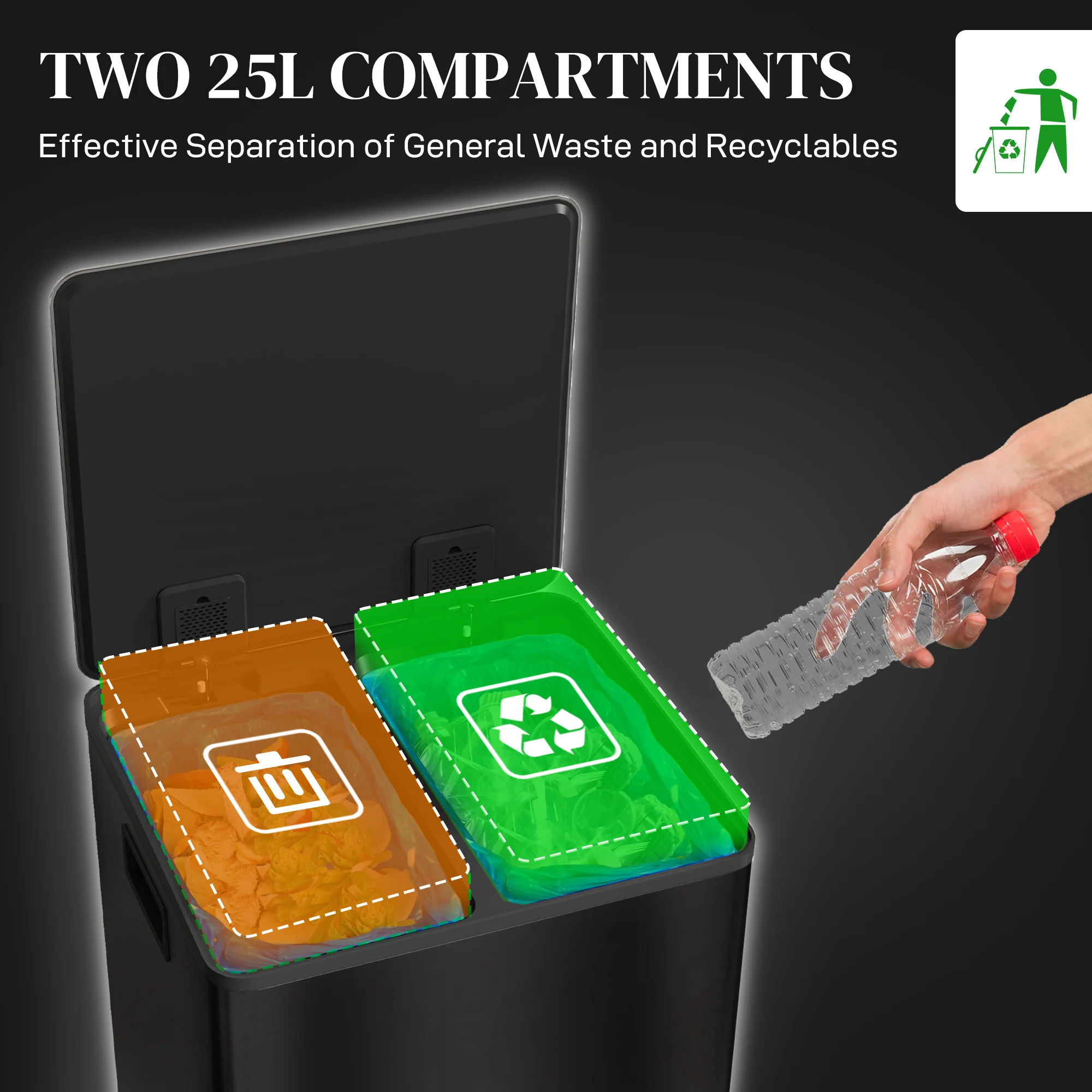 HOMCOM 2 X 25L Double Kitchen Bin, Pedal Bin With Soft-Close Lid - Image 3