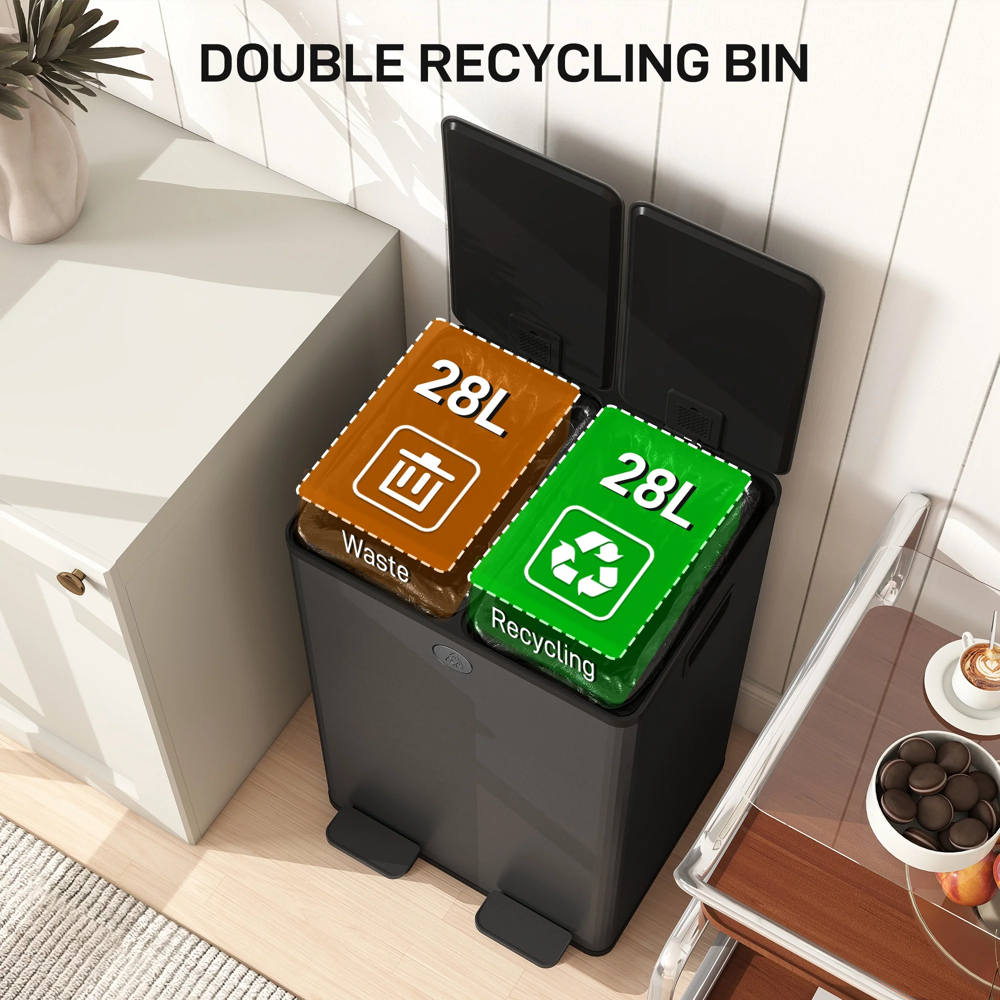 HOMCOM 2 x 28L Dual Kitchen Bin Pedal Bin for Recycling and Waste, Black - Image 3