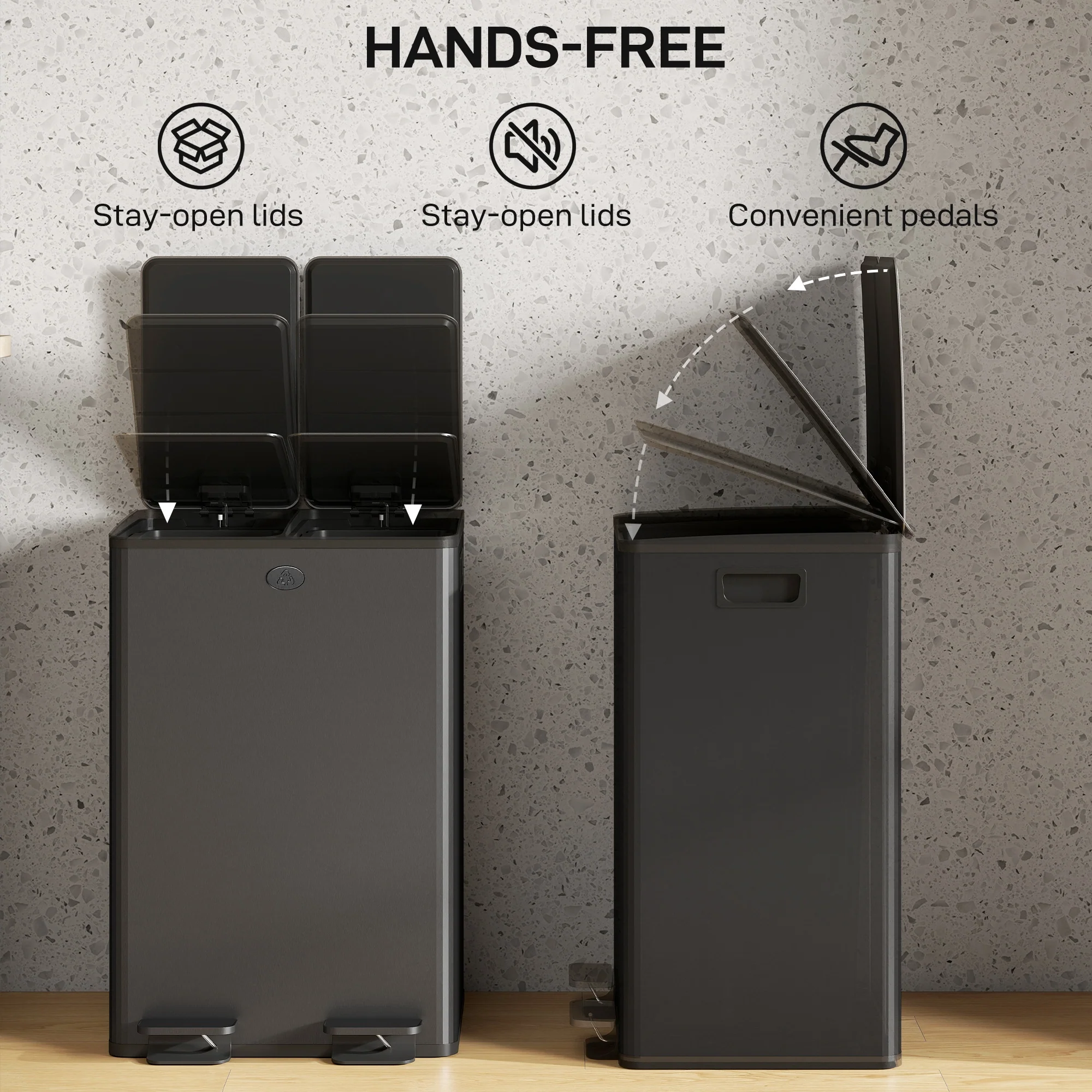 HOMCOM 2 x 28L Dual Kitchen Bin Pedal Bin for Recycling and Waste, Black - Image 6