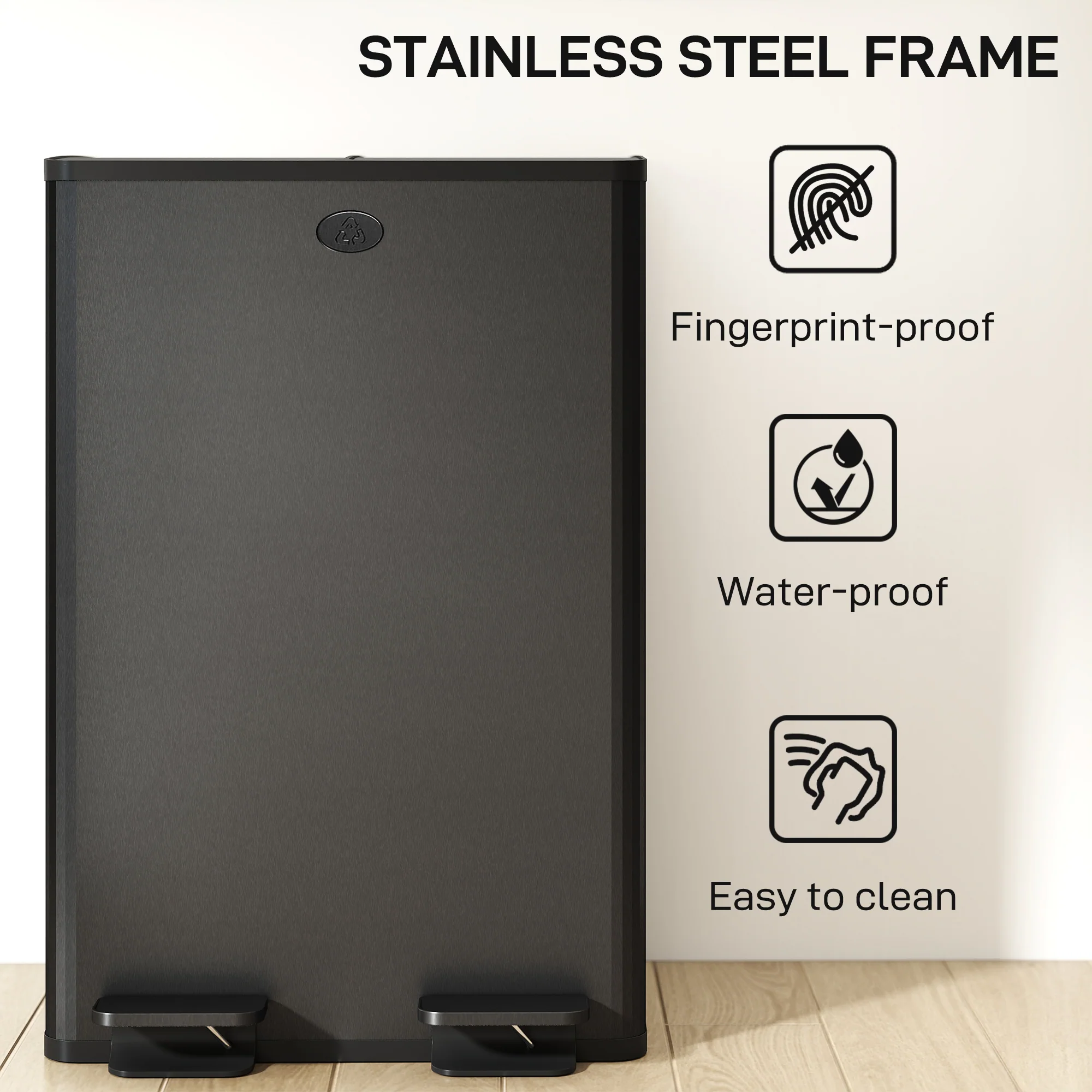 HOMCOM 2 x 28L Dual Kitchen Bin Pedal Bin for Recycling and Waste, Black - Image 8