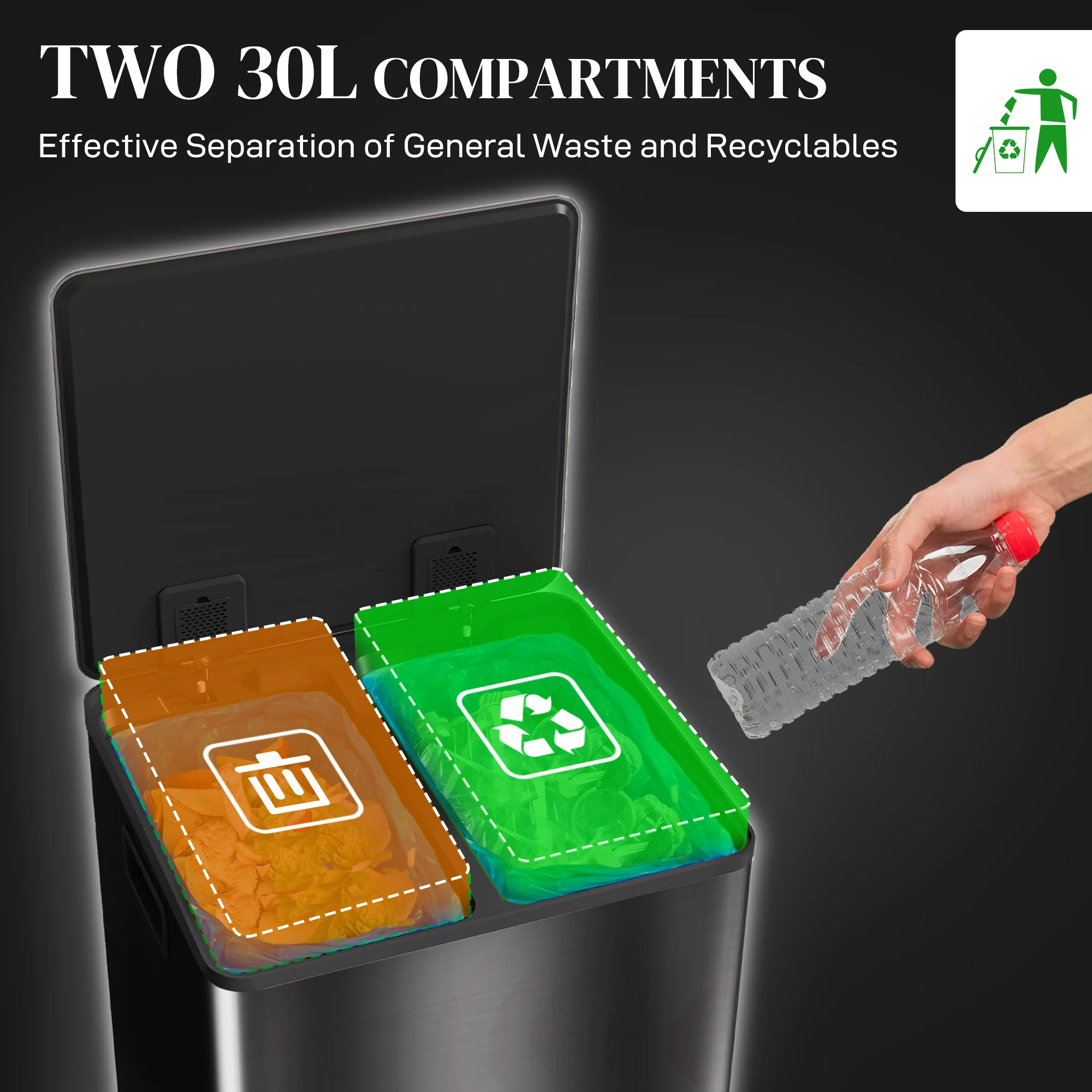 HOMCOM 2 x 30L Double Kitchen Bin, Pedal Bin with Soft-Close Lid, Black - Image 3