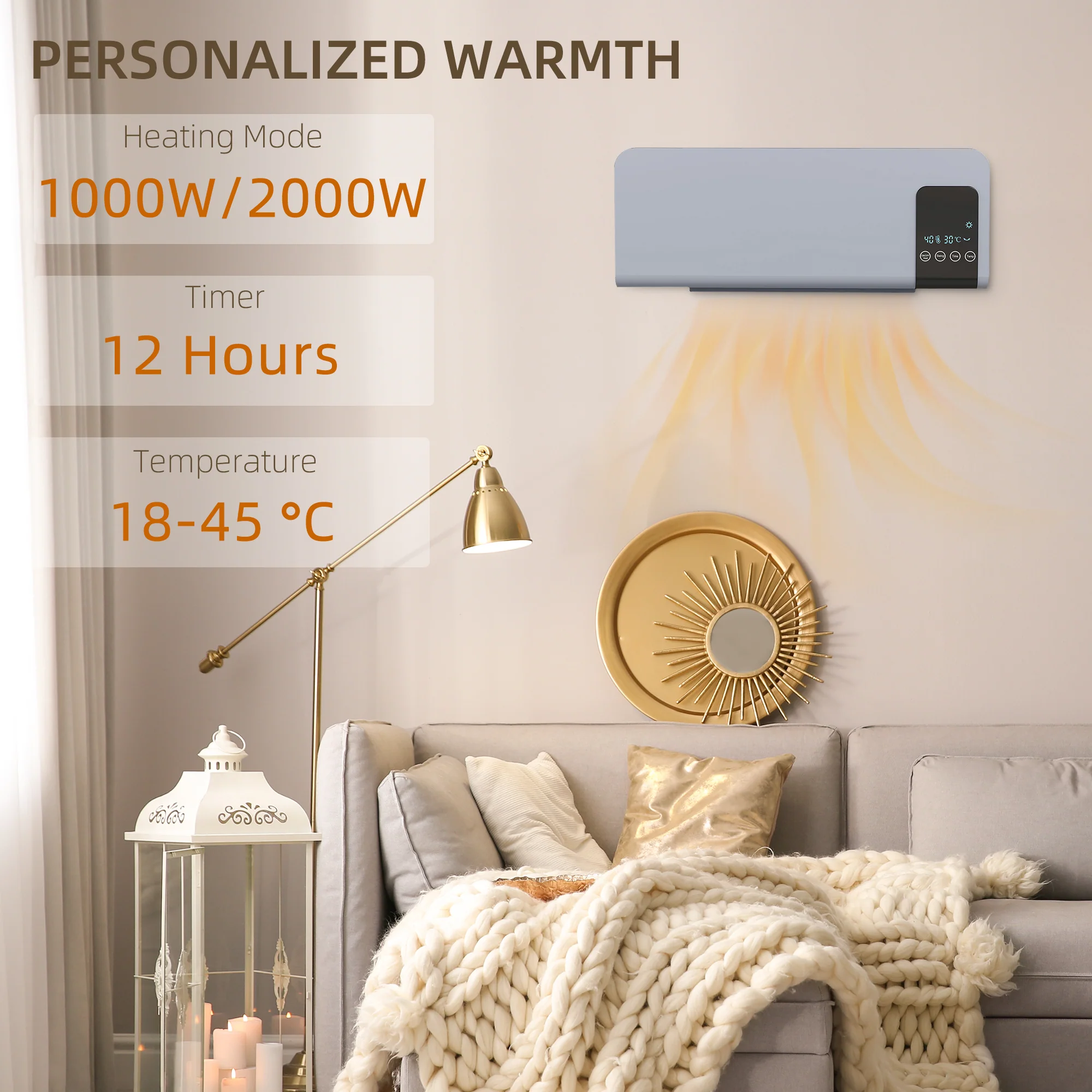 HOMCOM 2000W Wall Mounted Ceramic Heater With Remote Control For Home, Grey - Image 3