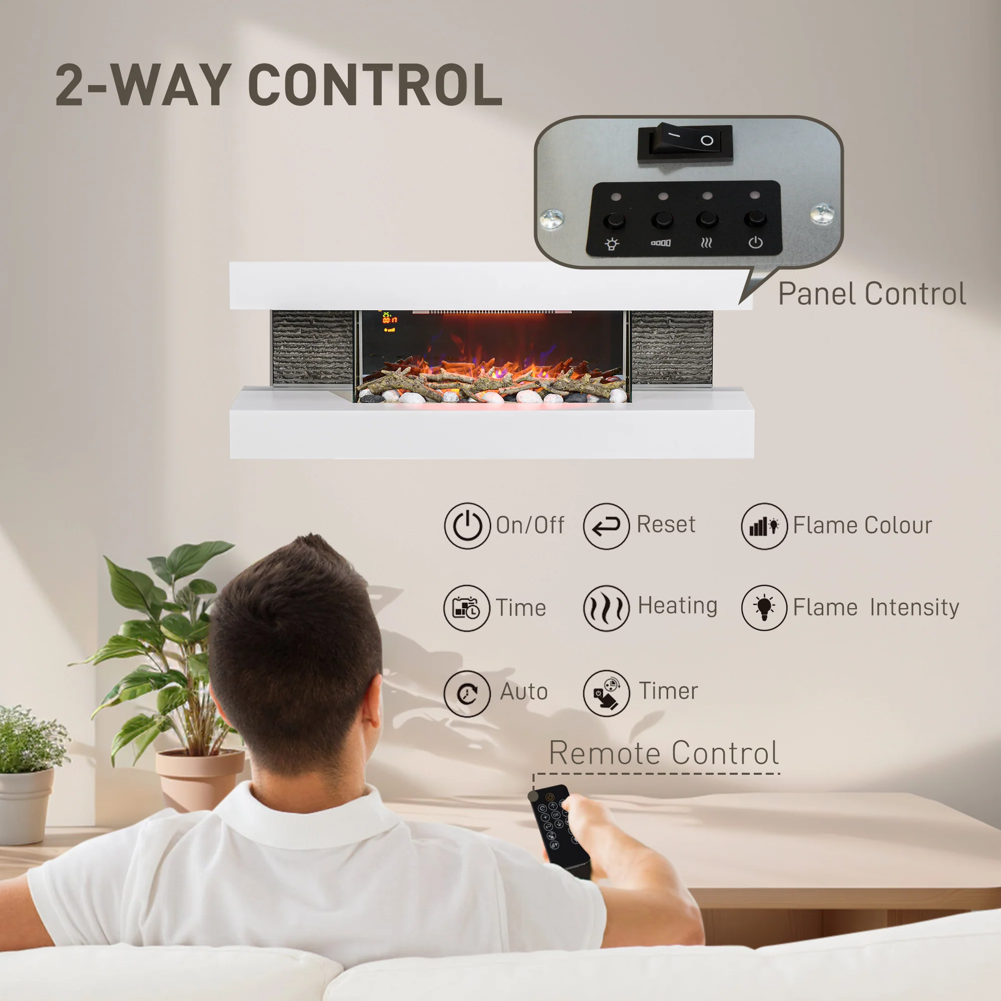 HOMCOM 2000W Wall Mounted Electric Fireplace, Freestanding, 2000W, White - Image 5