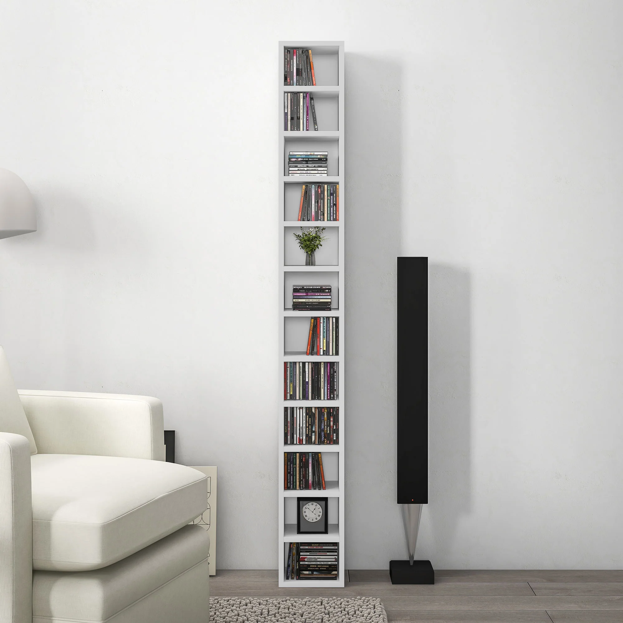 HOMCOM 204 CD Storage Tower Tall Bookcase Bookshelf With 12 Cubes White - Image 10