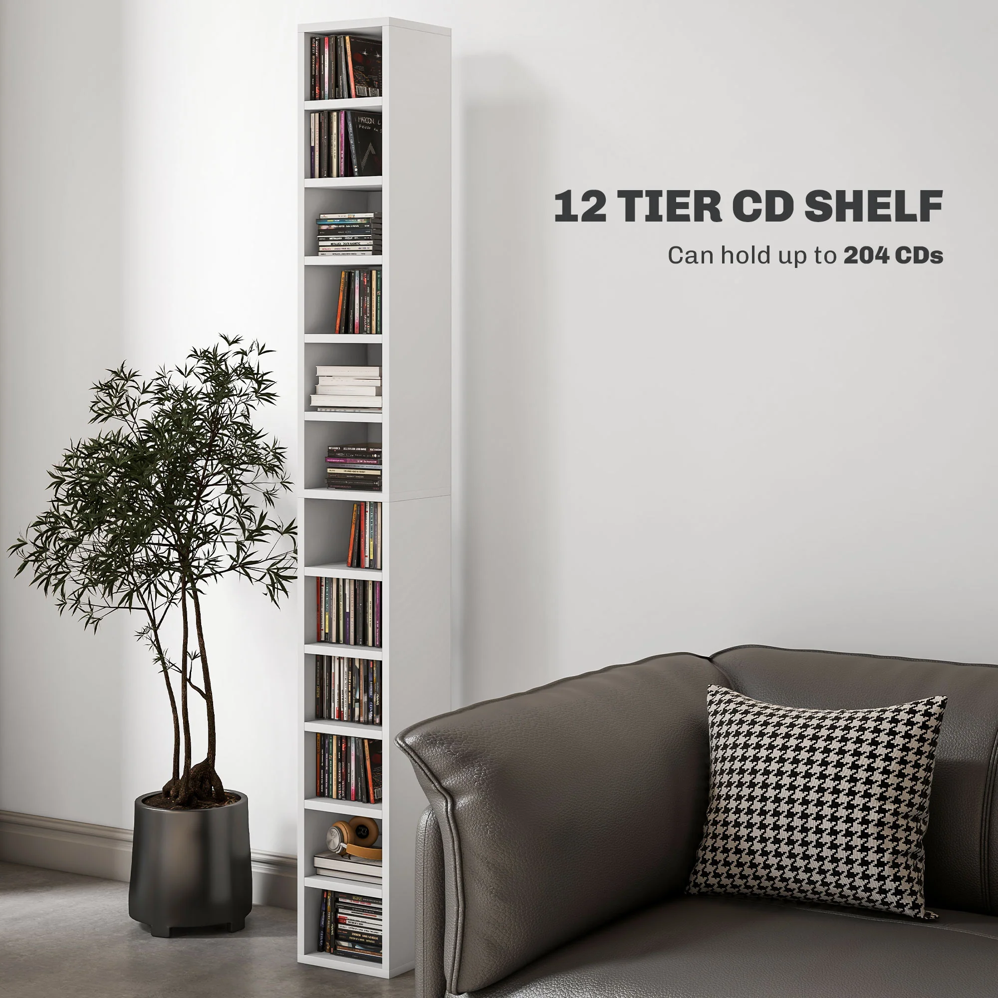 HOMCOM 204 CD Storage Tower Tall Bookcase Bookshelf With 12 Cubes White - Image 4