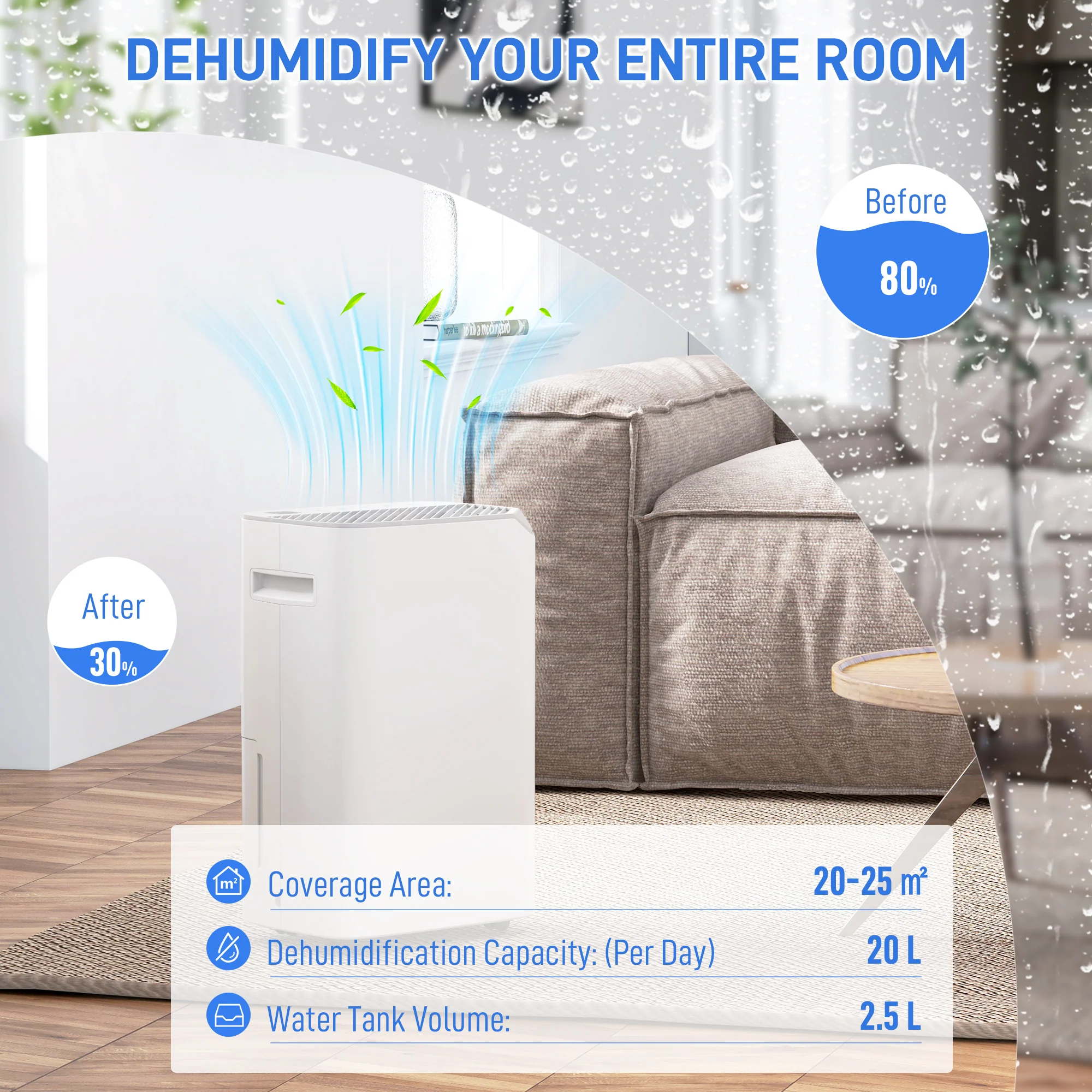 HOMCOM 20L/Day Small Dehumidifier For Home Damp Laundry, With 24H Timer - Image 4