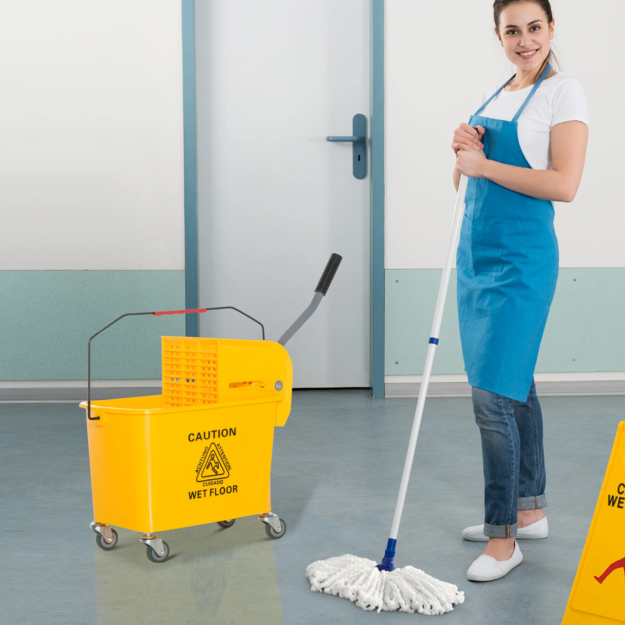 HOMCOM 20L Mop Bucket with Wringer Handle on Wheels for Cleaning Yellow - Image 2