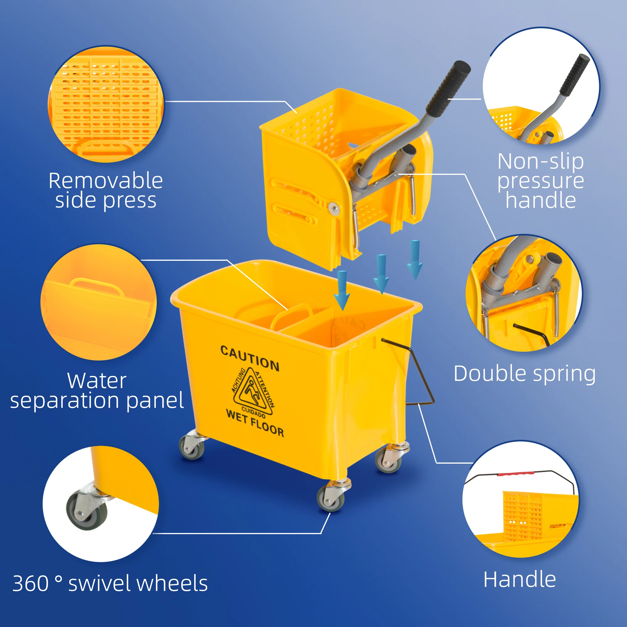HOMCOM 20L Mop Bucket with Wringer Handle on Wheels for Cleaning Yellow - Image 7