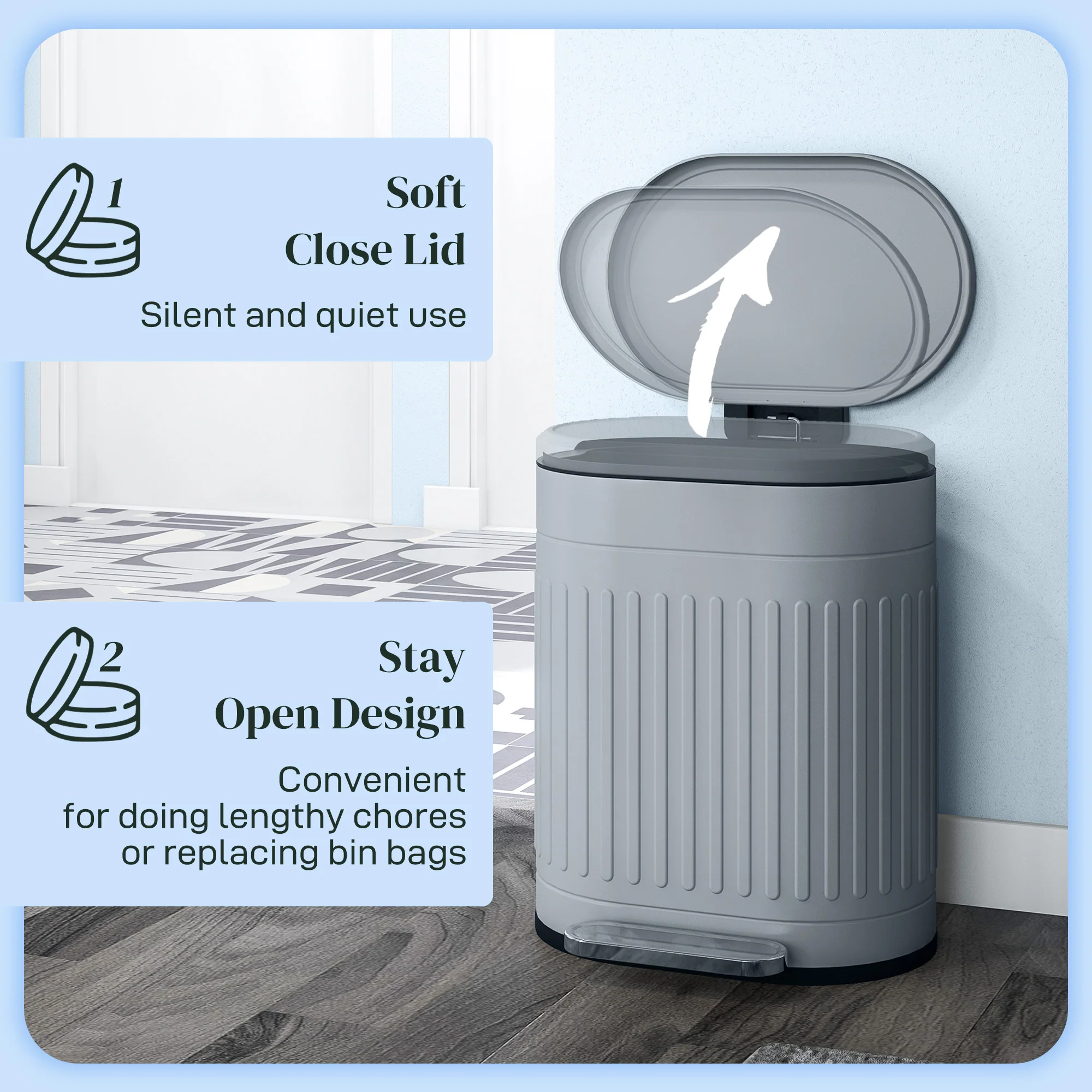 HOMCOM 20L Pedal Bin, Metal Kitchen Bin With Soft-close Lid, Grey - Image 4