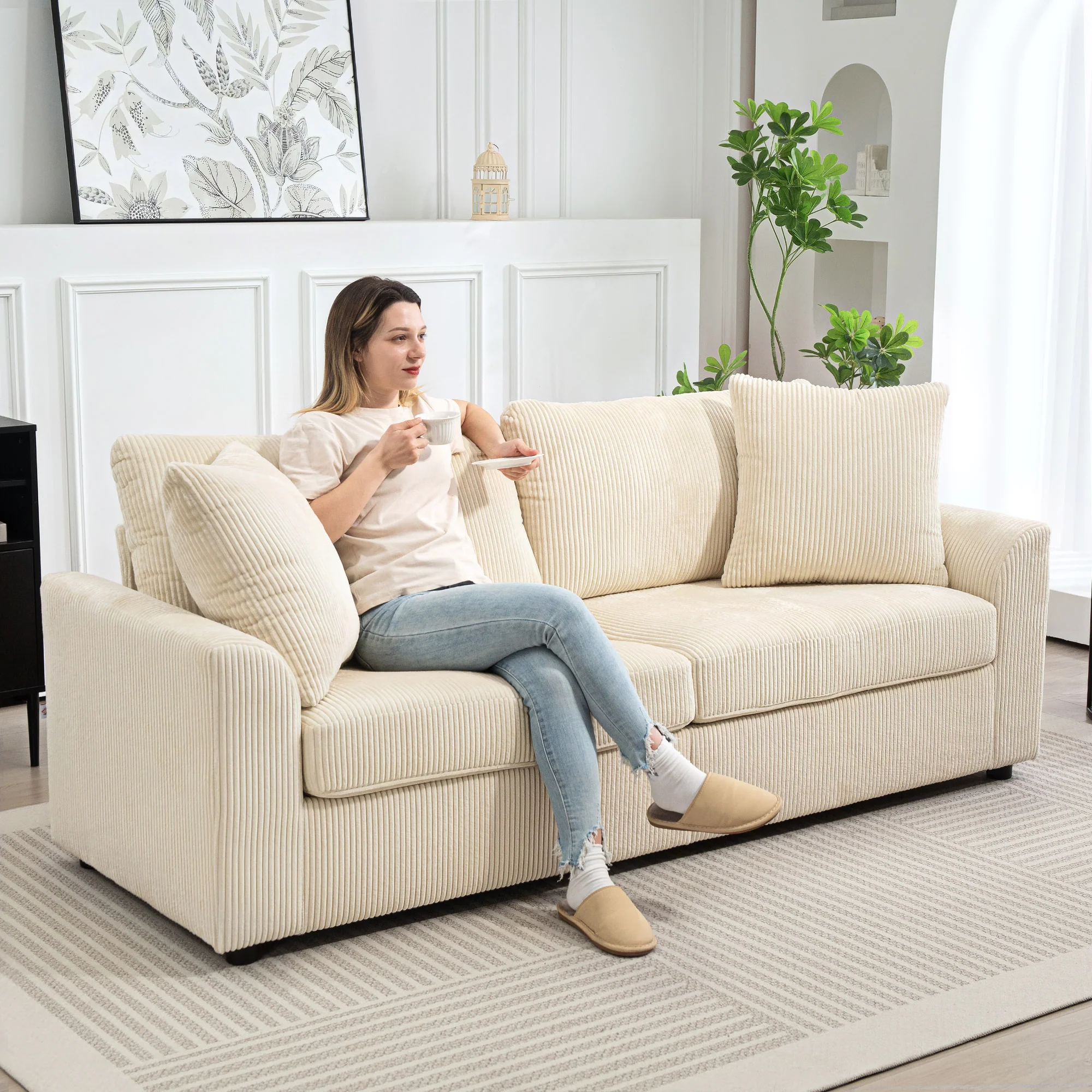 HOMCOM 212 Cm Upholstered Jumbo Cord Sofa Couch With Spring Cushion - Image 11