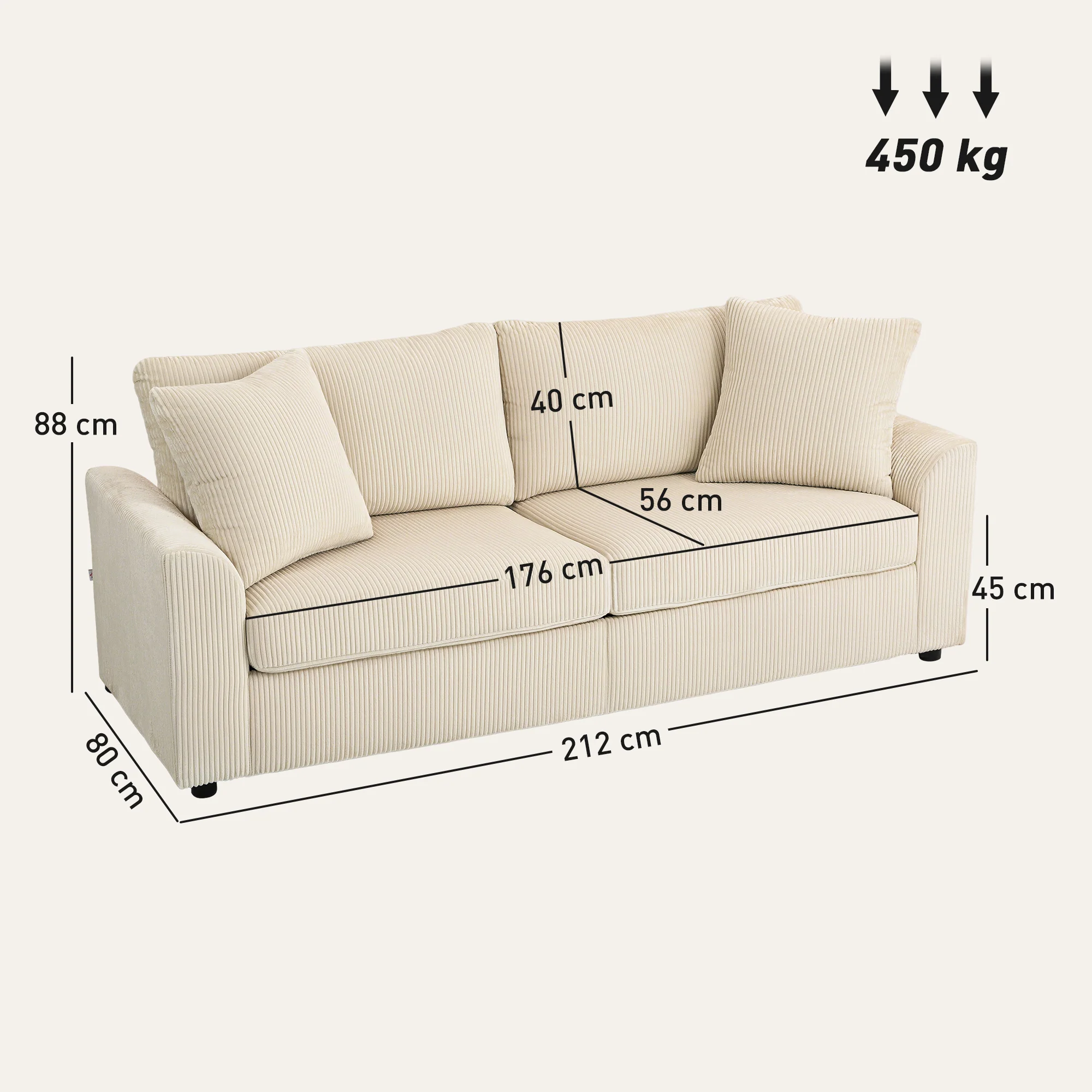 HOMCOM 212 Cm Upholstered Jumbo Cord Sofa Couch With Spring Cushion - Image 14