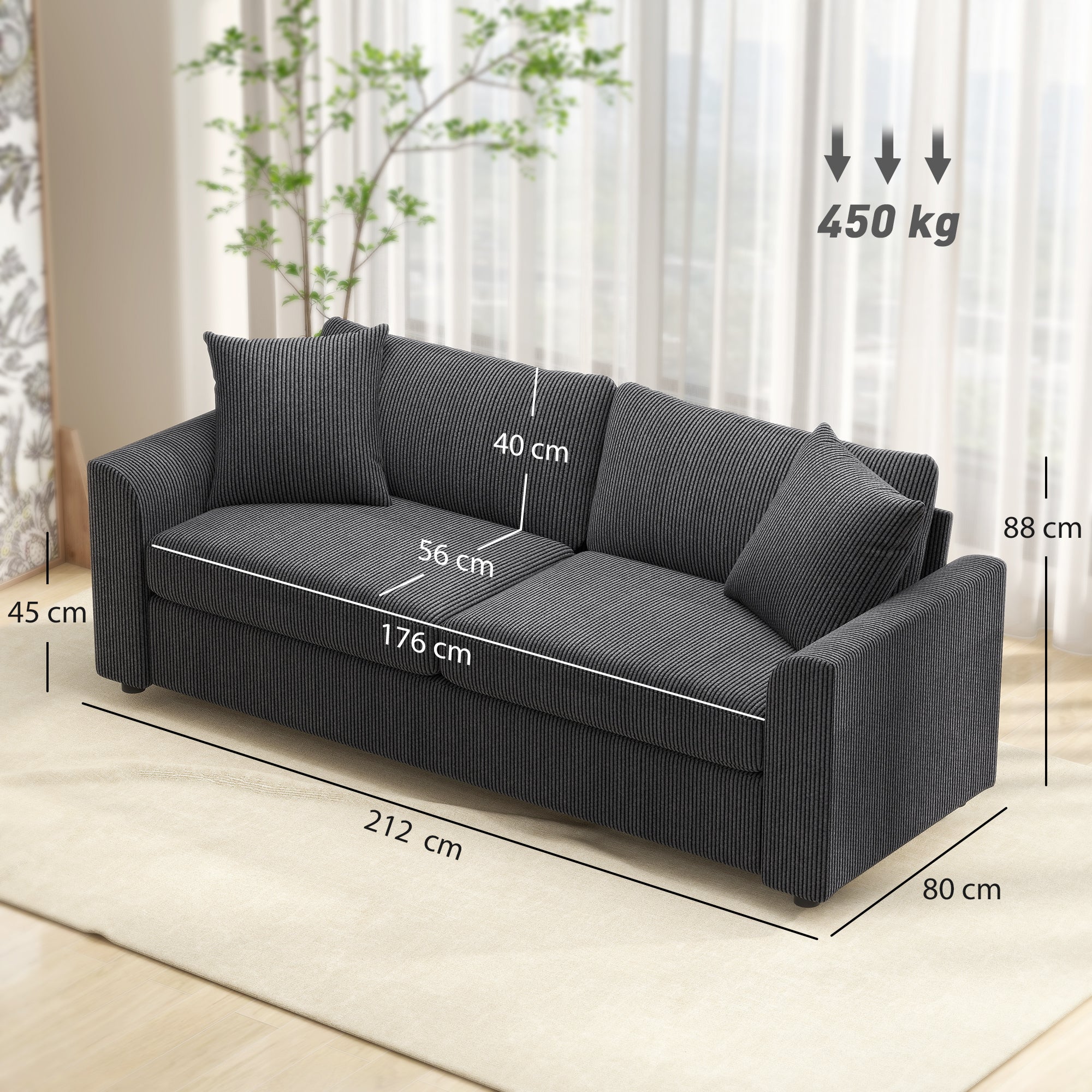 HOMCOM 212 Cm Upholstered Jumbo Cord Sofa Couch With Spring Cushion - Image 23