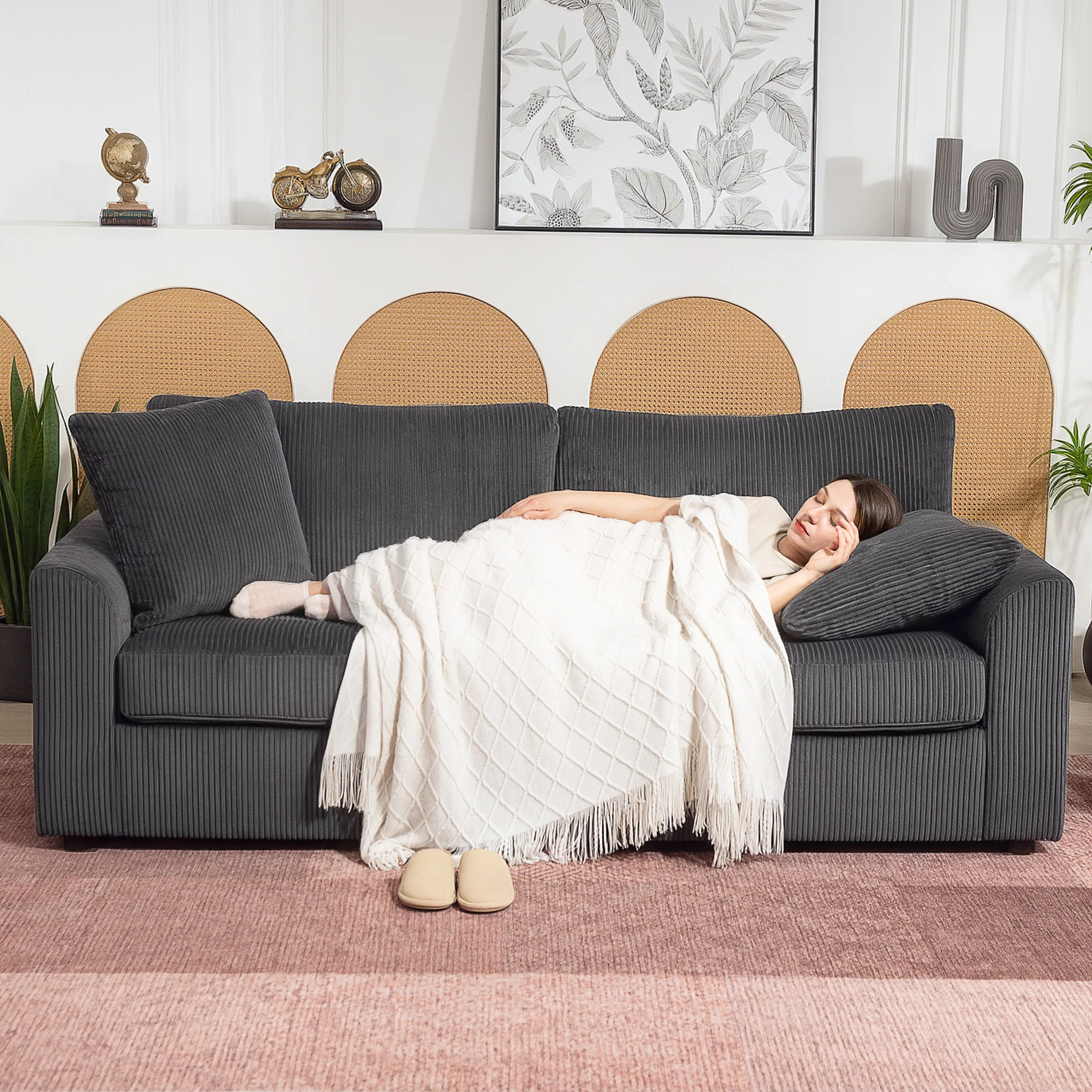 HOMCOM 212 Cm Upholstered Jumbo Cord Sofa Couch With Spring Cushion - Image 25