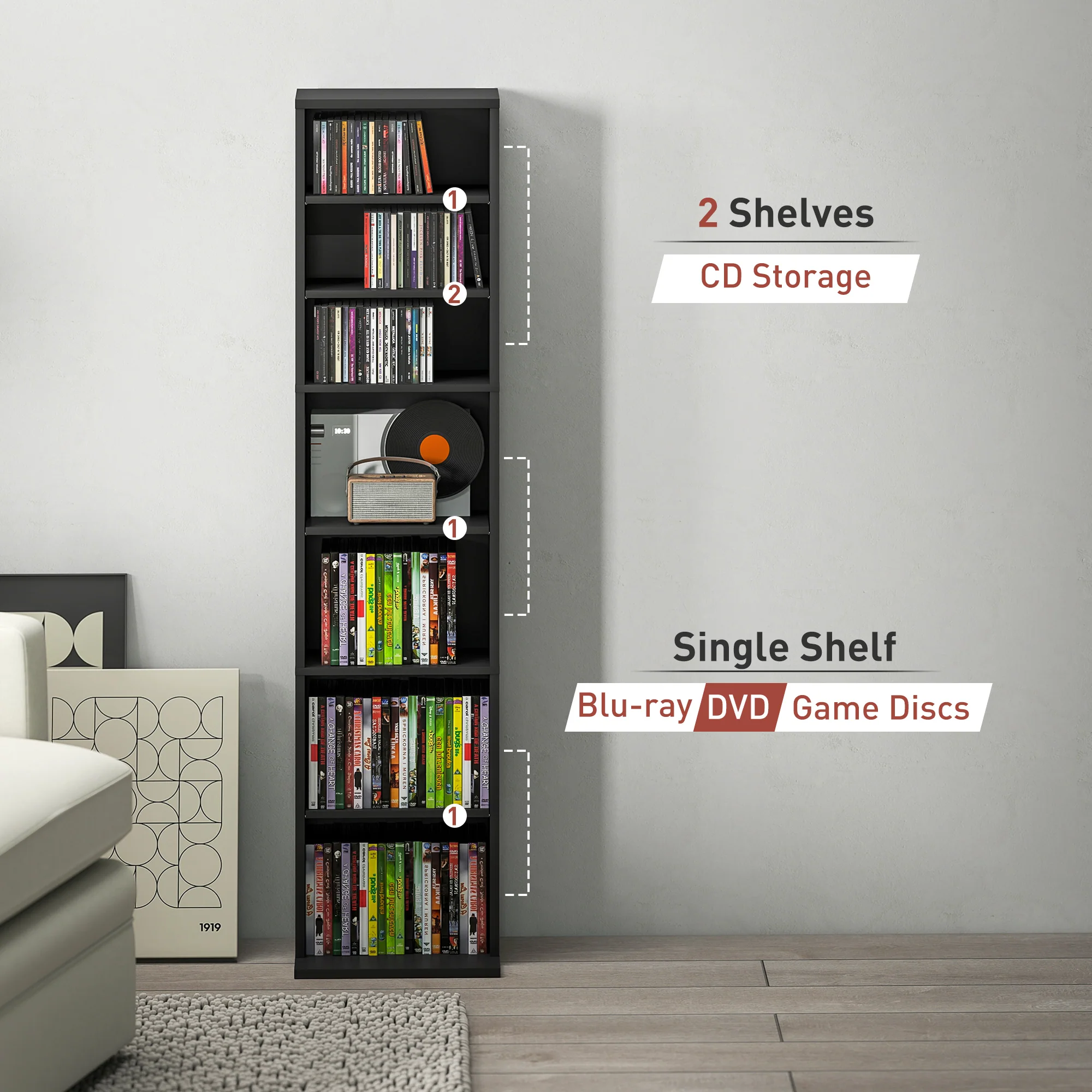 HOMCOM 260 CD Storage Unit 120 DVD Storage Tower with 9 Compartments - Image 8