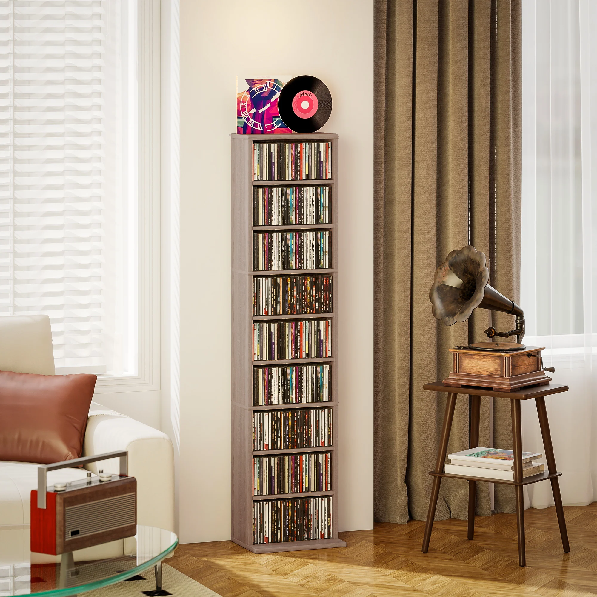HOMCOM 260 CD Storage Unit 120 DVD Storage Tower with 9 Compartments Natural - Image 2