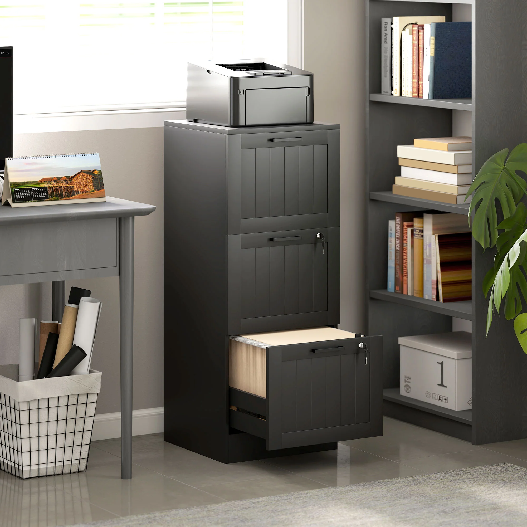 HOMCOM 3 Drawer File Cabinet with Lock and Adjustable Hanging Bars, Black - Image 2