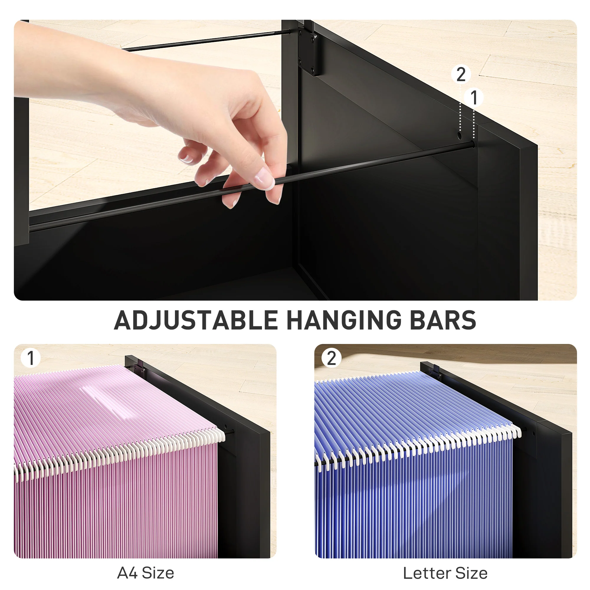 HOMCOM 3 Drawer File Cabinet with Lock and Adjustable Hanging Bars, Black - Image 4