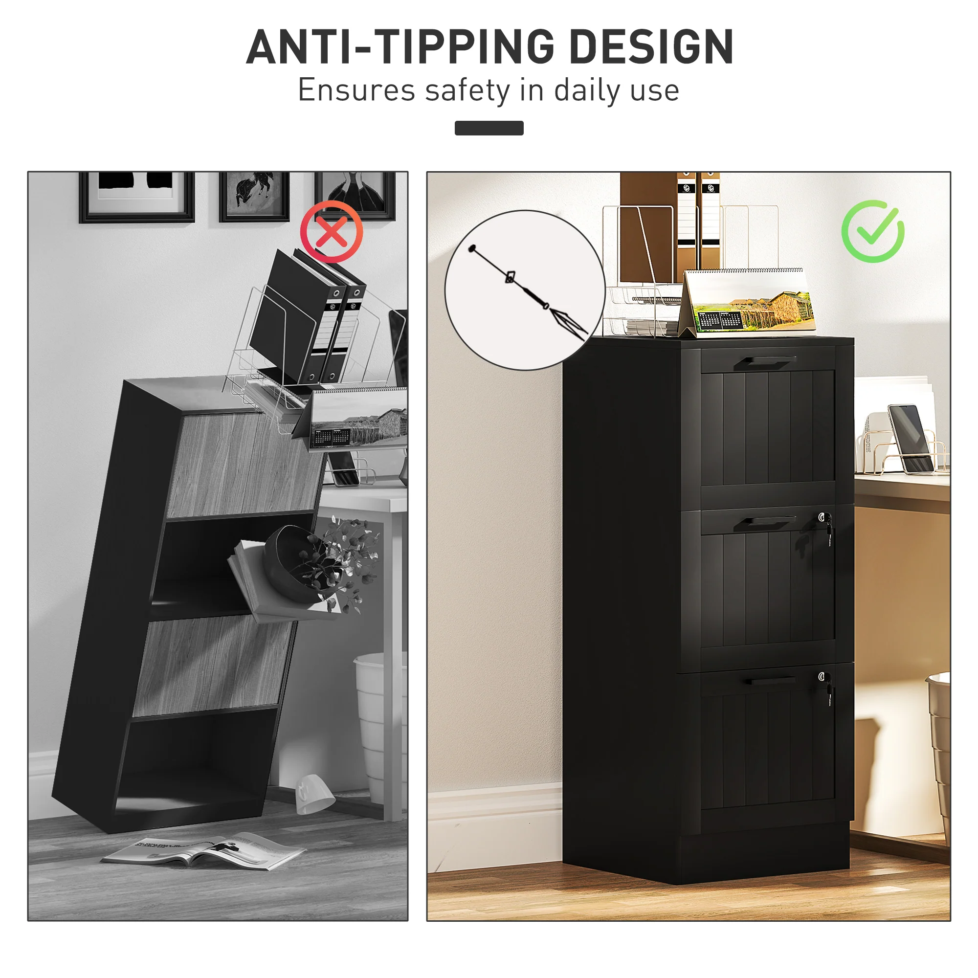 HOMCOM 3 Drawer File Cabinet with Lock and Adjustable Hanging Bars, Black - Image 7