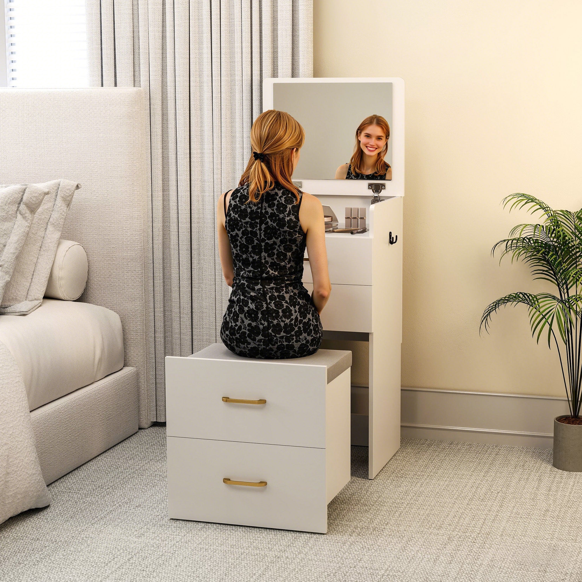 HOMCOM 3 In 1 Dressing Table Vanity Desk With Mirror And Cushioned Stool - Image 9
