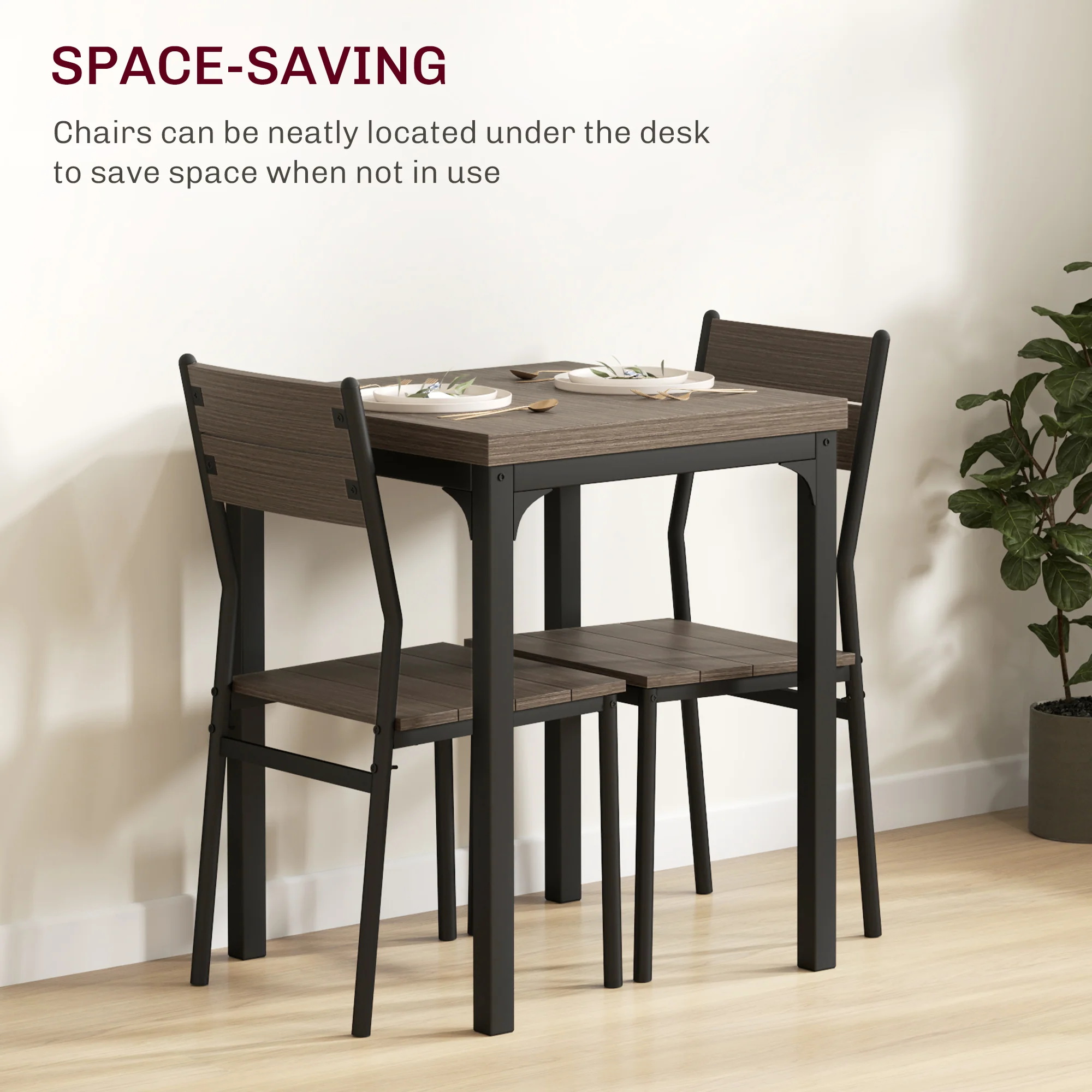 HOMCOM 3 Pcs Compact Dining Table 2 Chairs Set Grey Wood Grain - Image 3