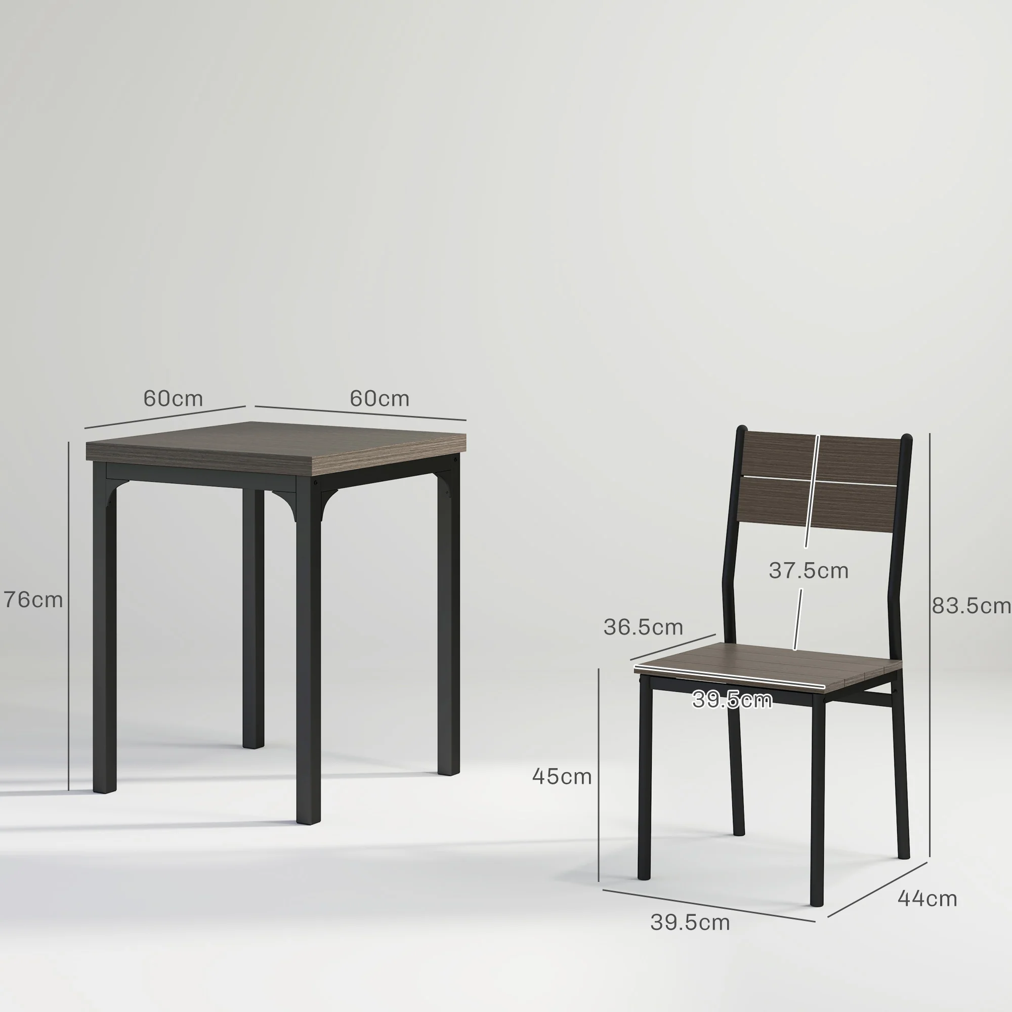 HOMCOM 3 Pcs Compact Dining Table 2 Chairs Set Grey Wood Grain - Image 5