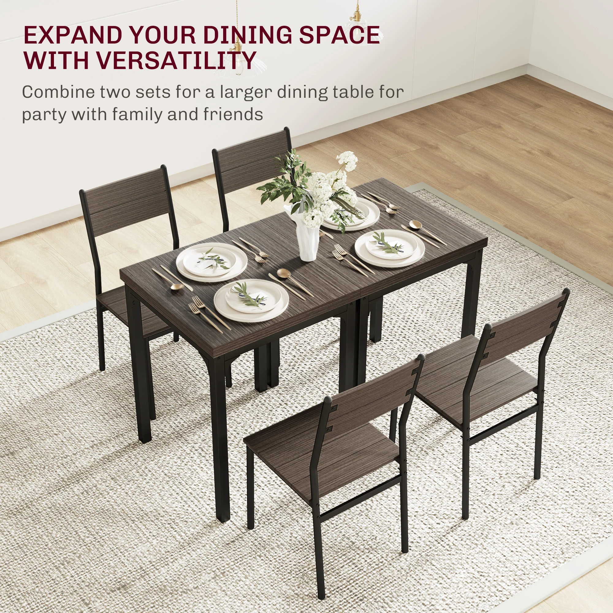 HOMCOM 3 Pcs Compact Dining Table 2 Chairs Set Grey Wood Grain - Image 7