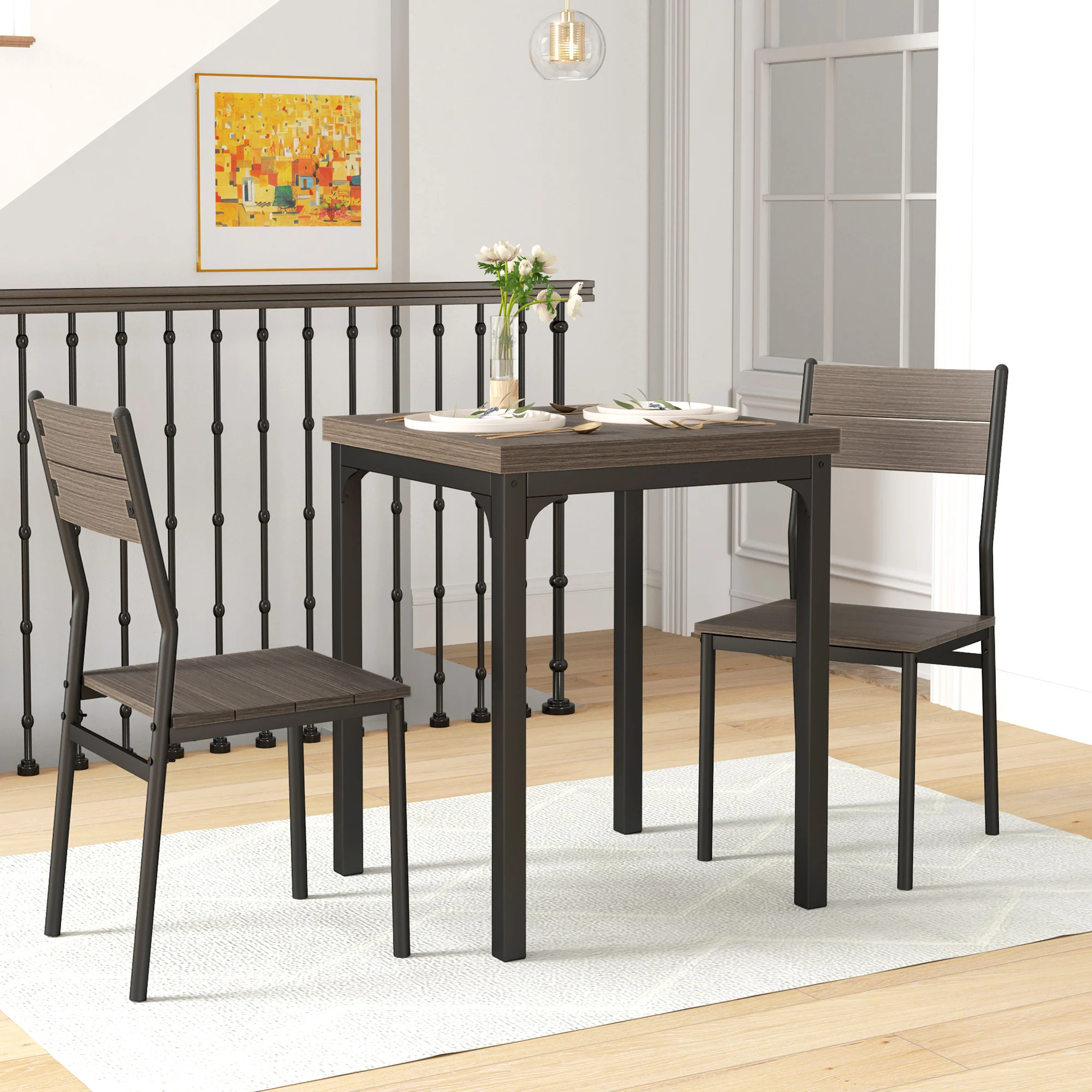 HOMCOM 3 Pcs Compact Dining Table 2 Chairs Set Grey Wood Grain - Image 8