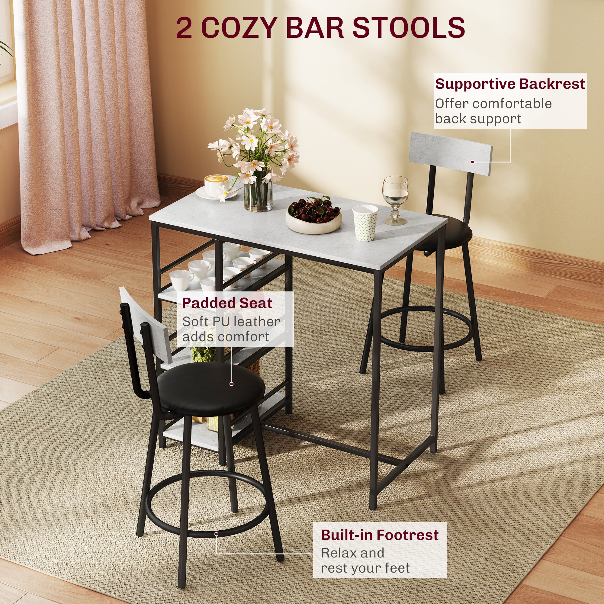 HOMCOM 3 Piece Breakfast Bar Table Set with Storage Shelves, Light Grey - Image 4
