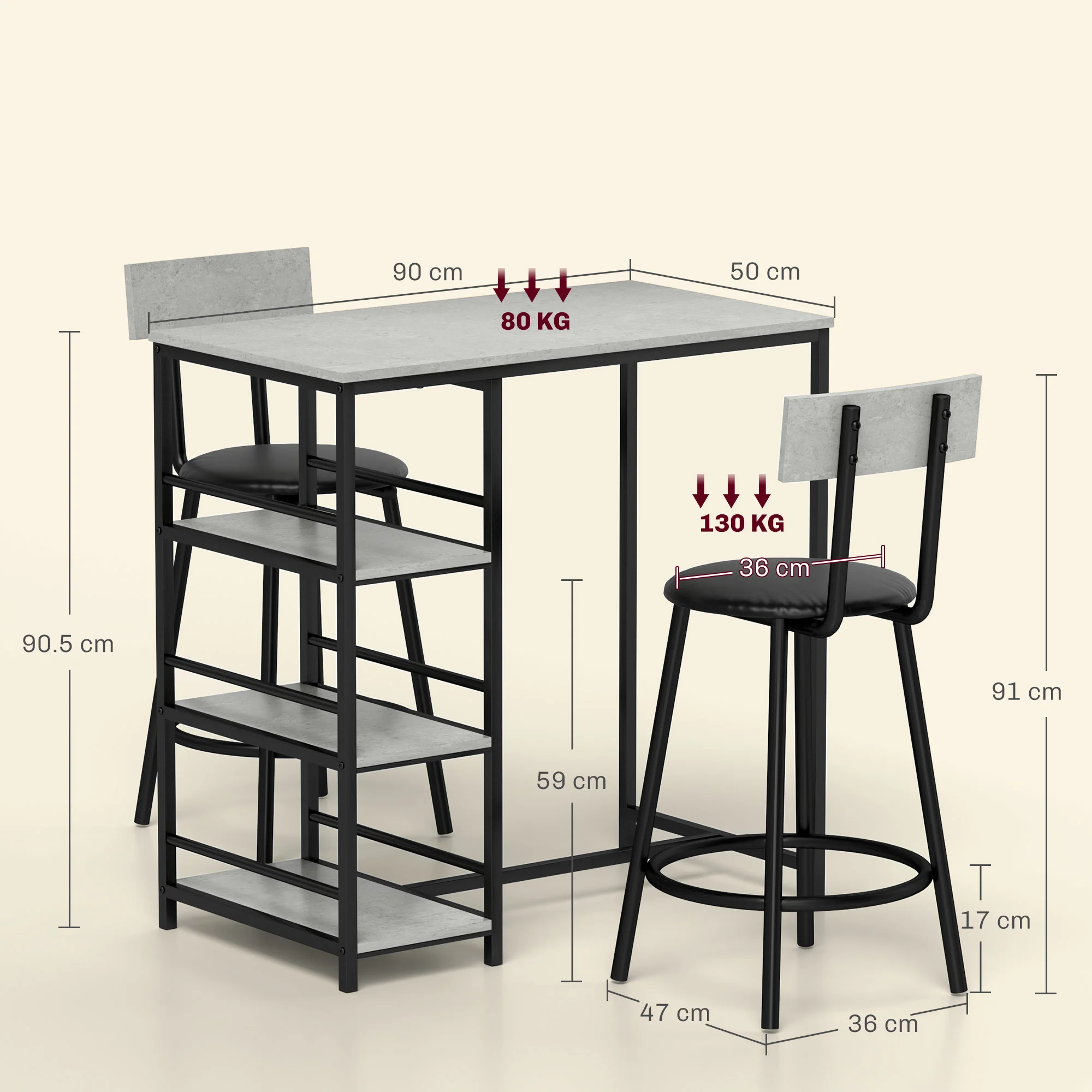 HOMCOM 3 Piece Breakfast Bar Table Set with Storage Shelves, Light Grey - Image 5