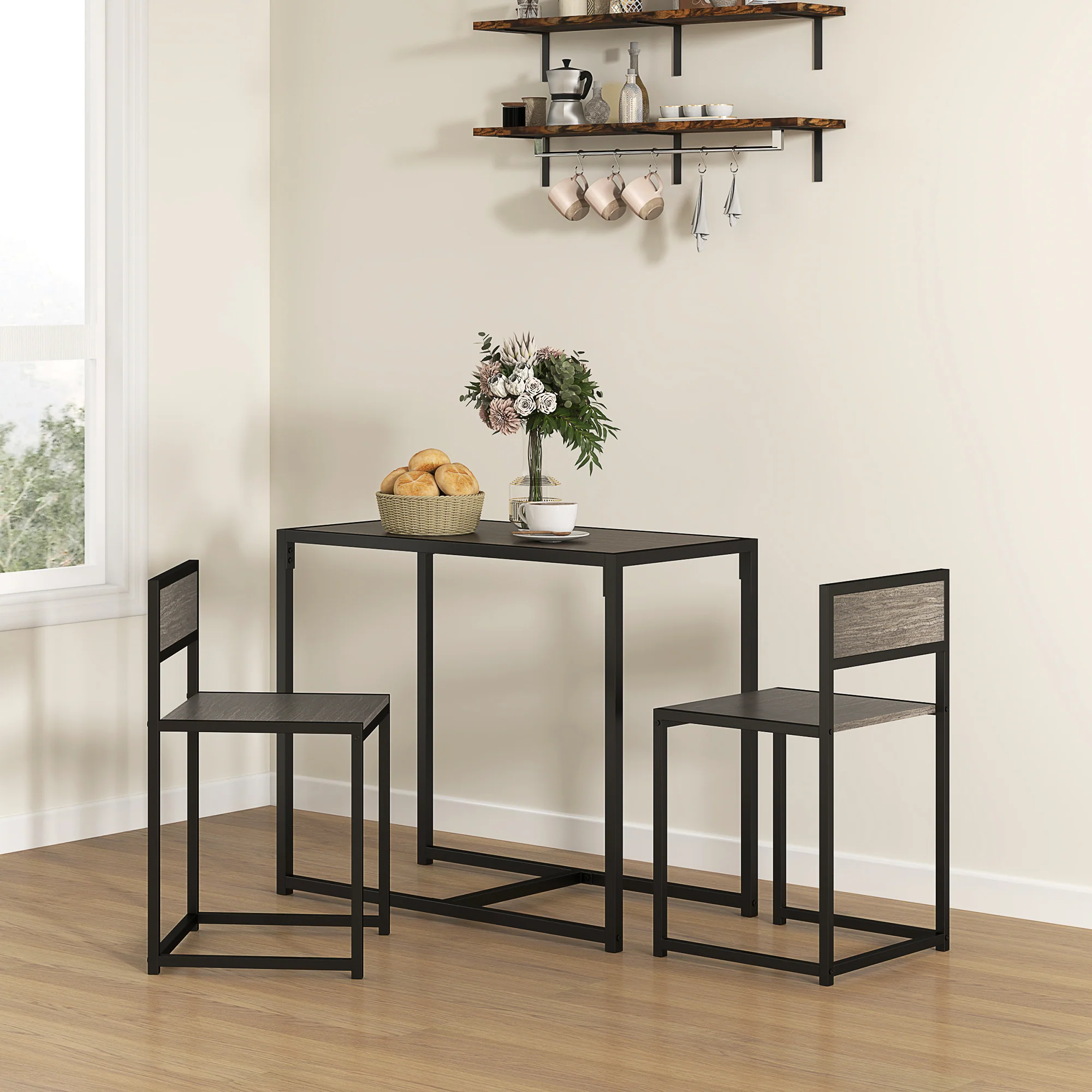 HOMCOM 3 Piece Dining Table Set With Metal Frame Grey Wood-Effect - Image 2