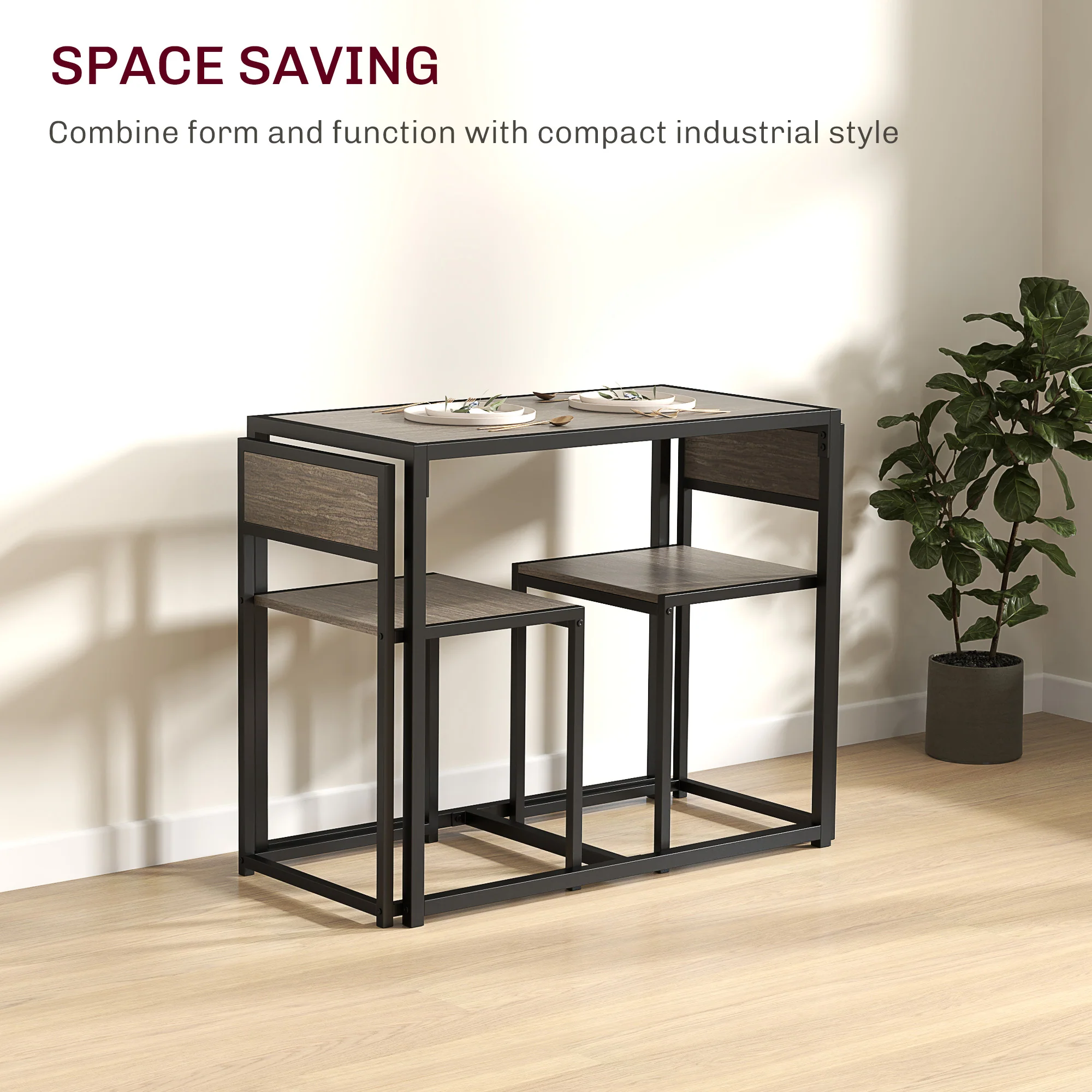HOMCOM 3 Piece Dining Table Set With Metal Frame Grey Wood-Effect - Image 3