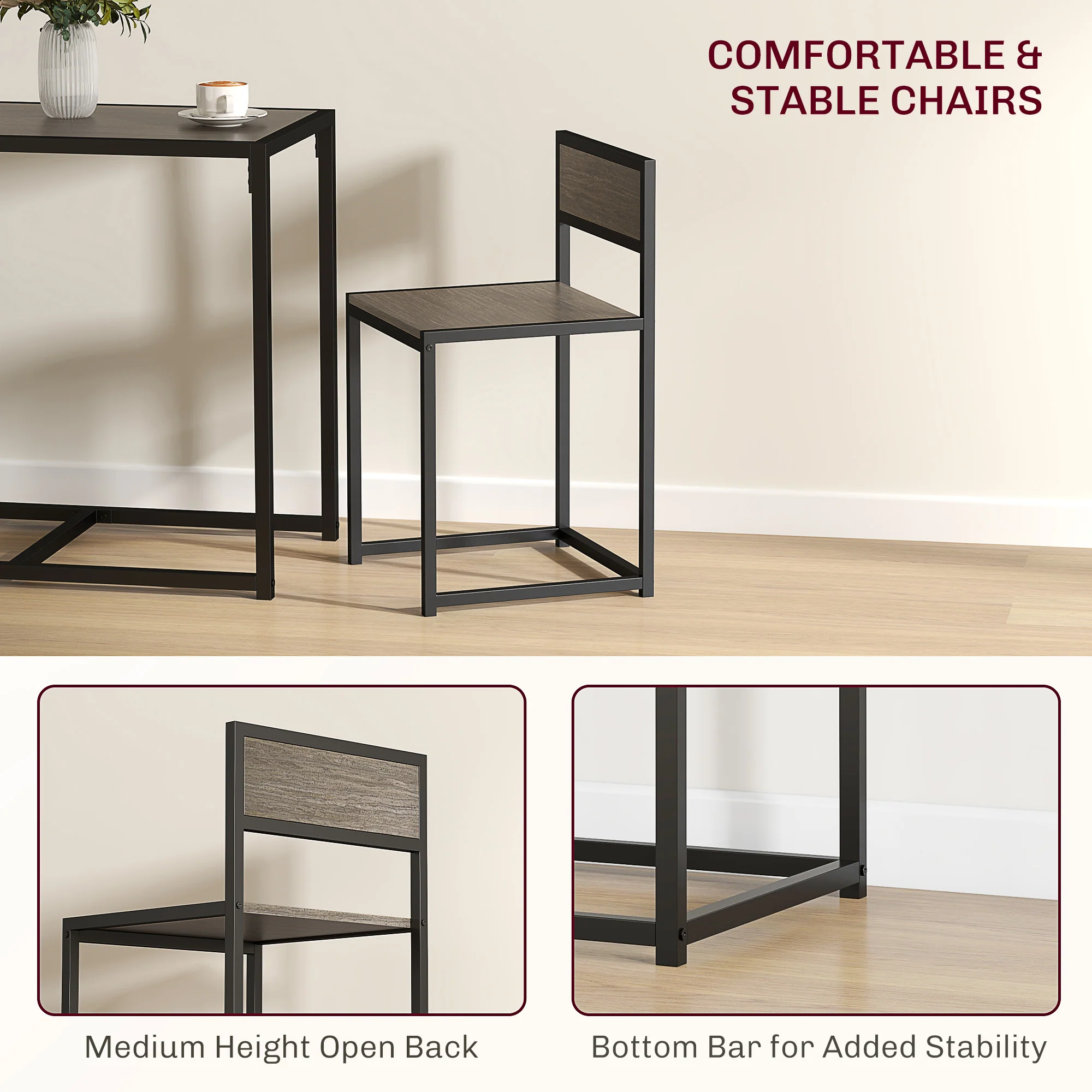 HOMCOM 3 Piece Dining Table Set With Metal Frame Grey Wood-Effect - Image 6