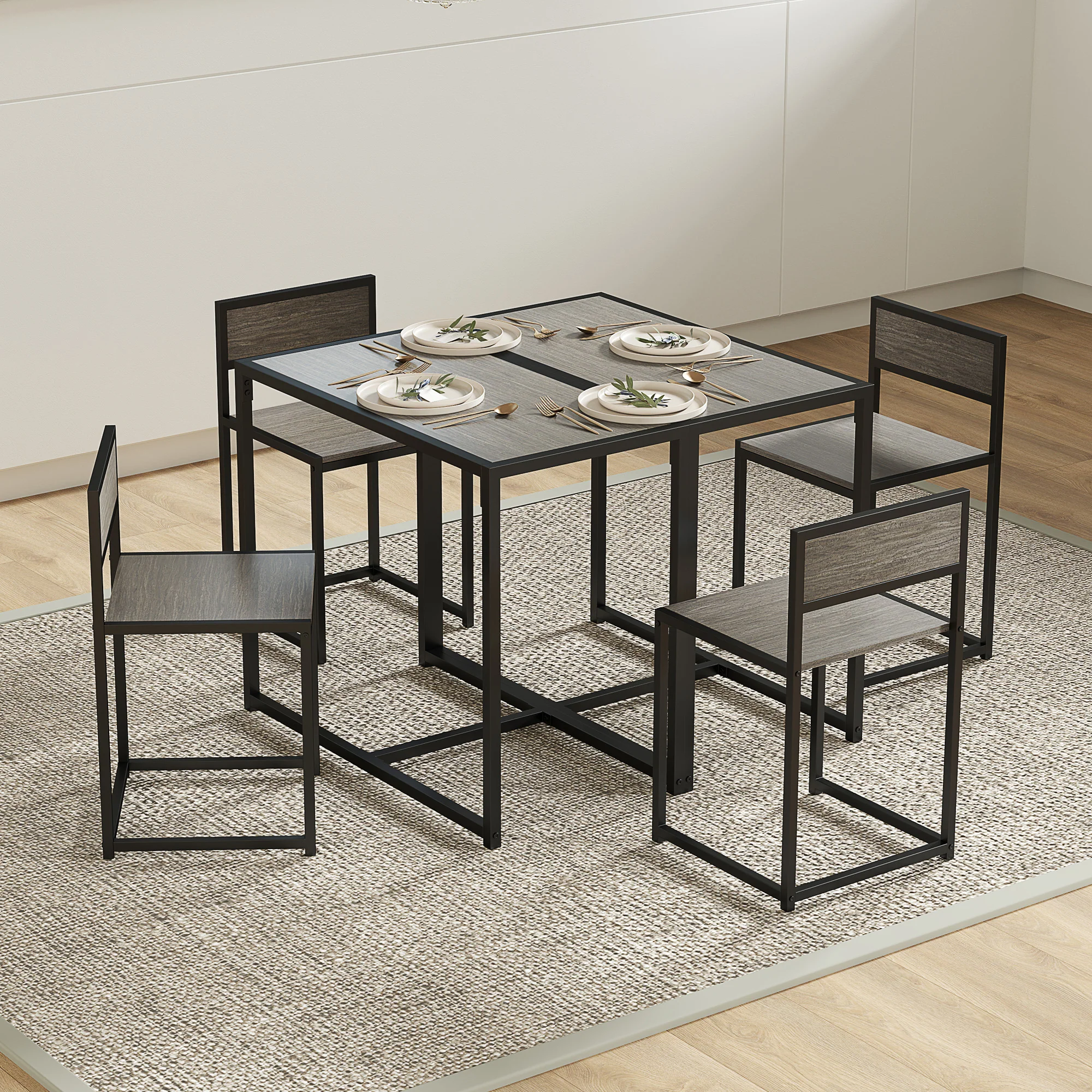 HOMCOM 3 Piece Dining Table Set With Metal Frame Grey Wood-Effect - Image 8