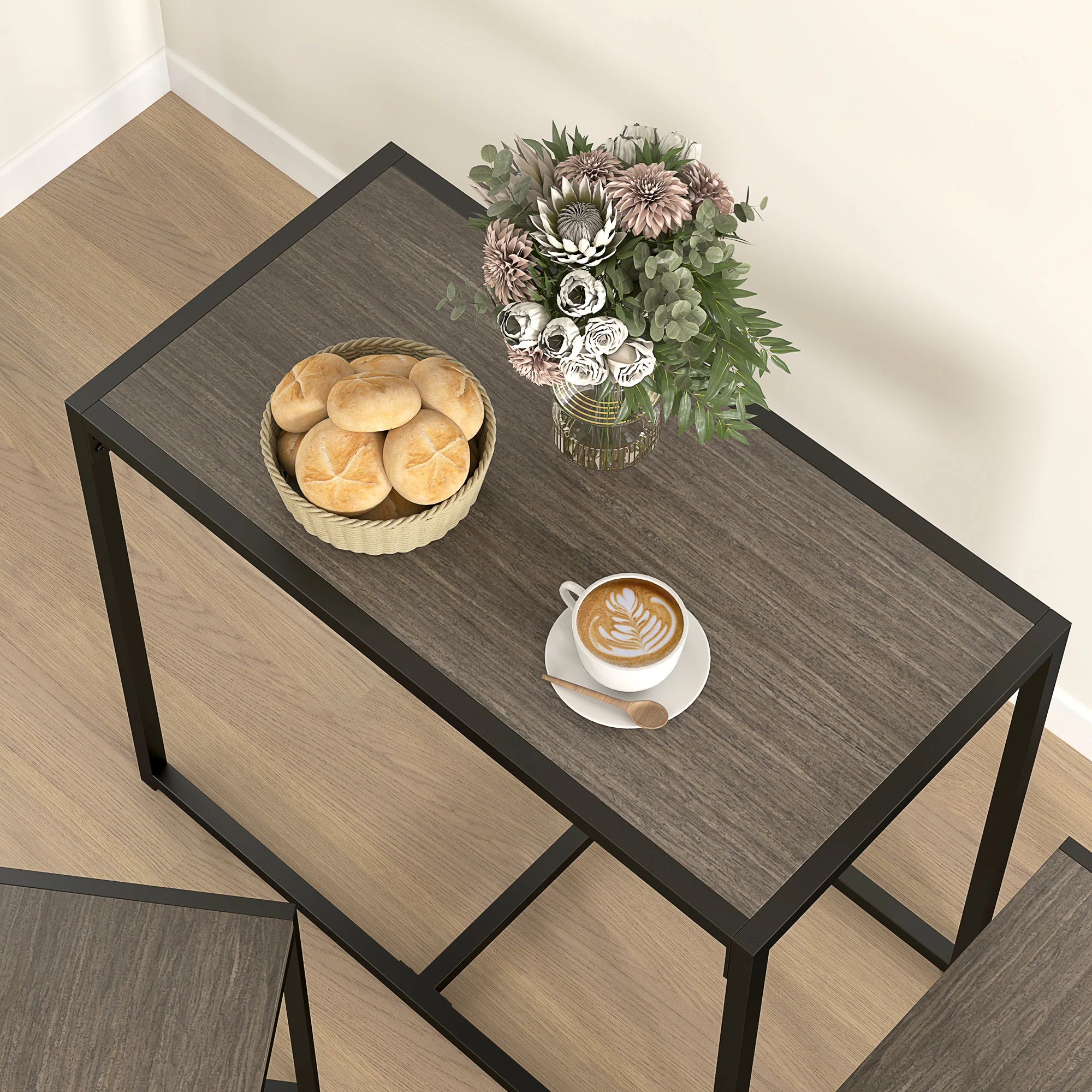 HOMCOM 3 Piece Dining Table Set With Metal Frame Grey Wood-Effect - Image 9