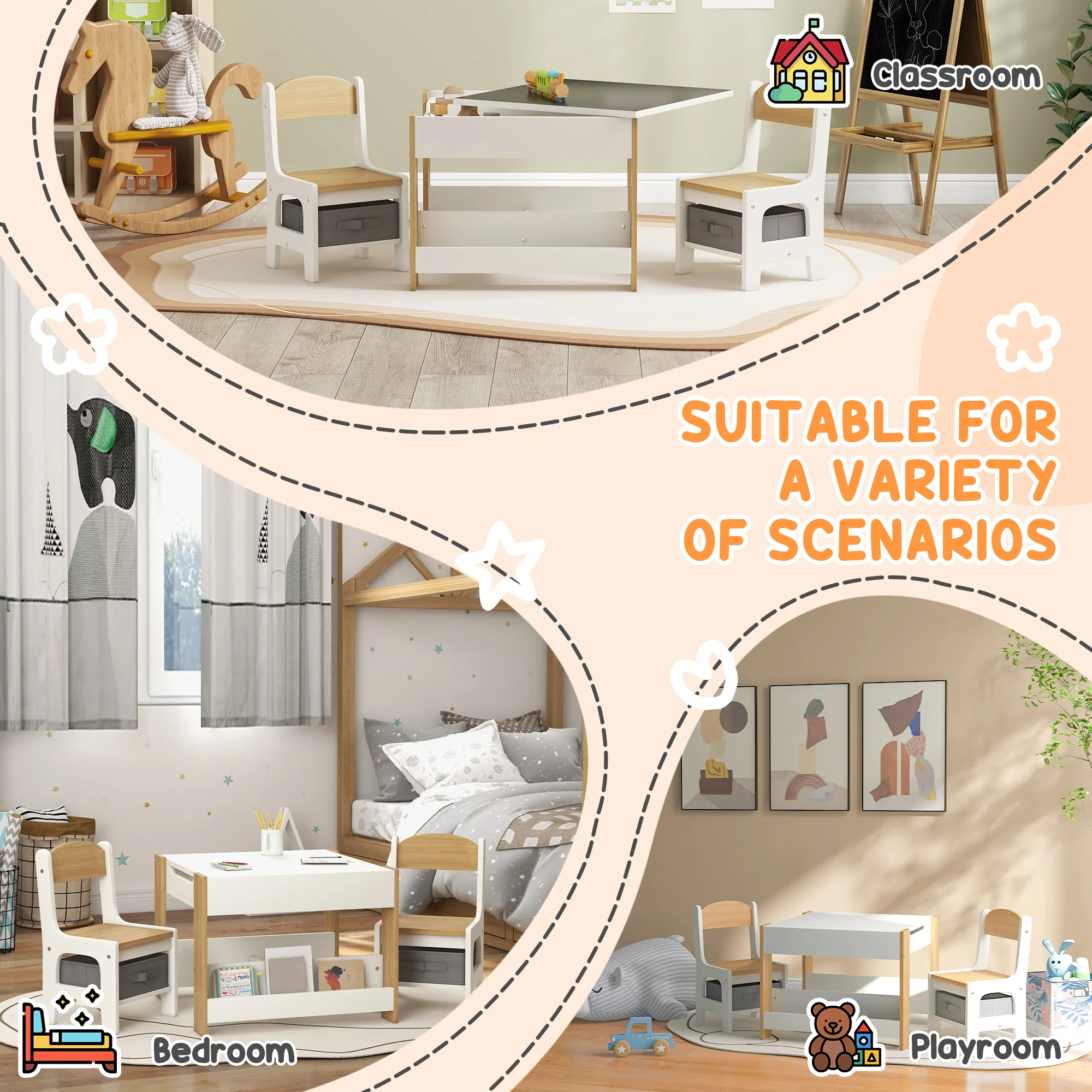 HOMCOM 3-Piece Kids Table and Chair Set for Nursery, Playroom, Classroom - Image 7