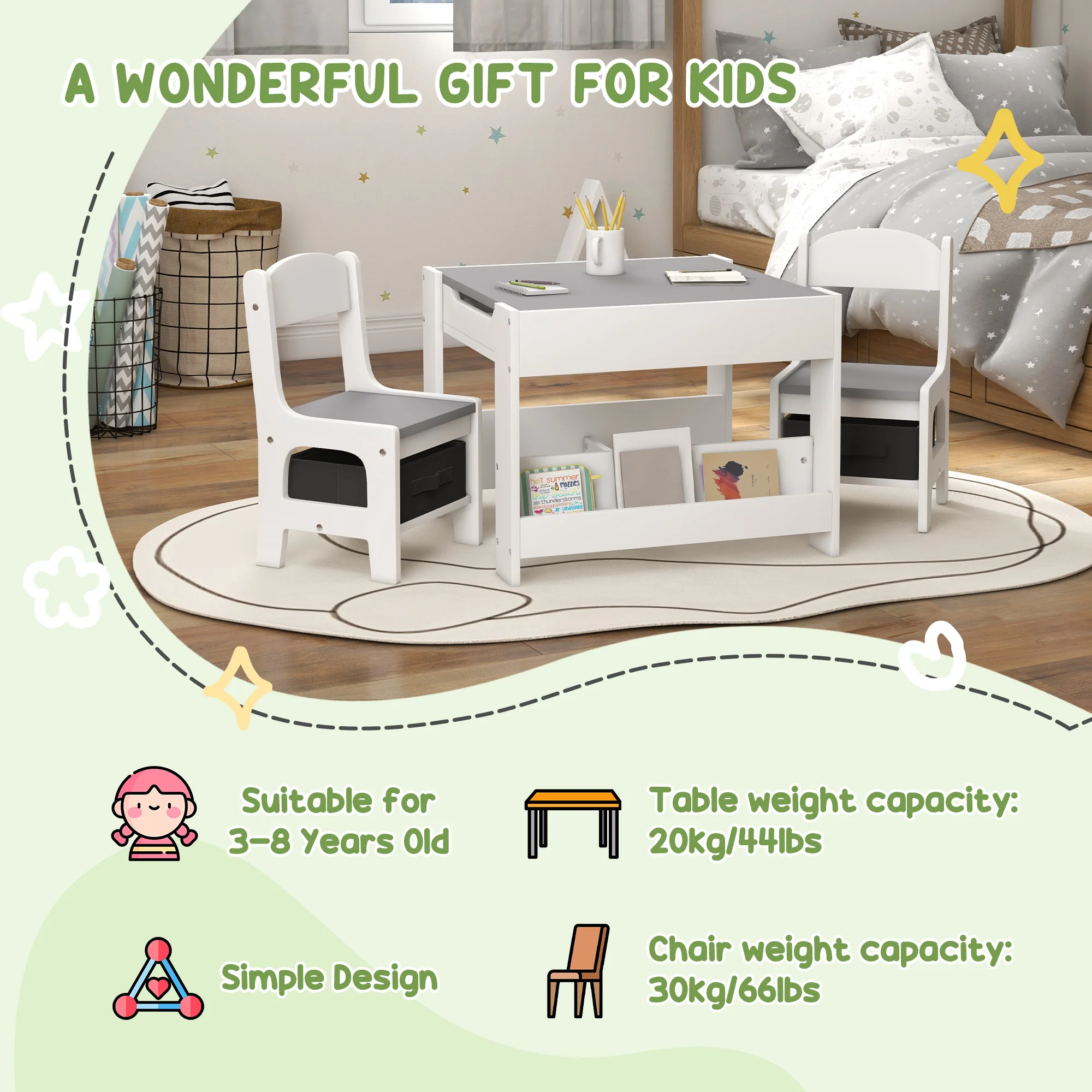 HOMCOM 3-Piece Kids Table and Chair Set for Nursery, Playroom, Classroom - Image 4