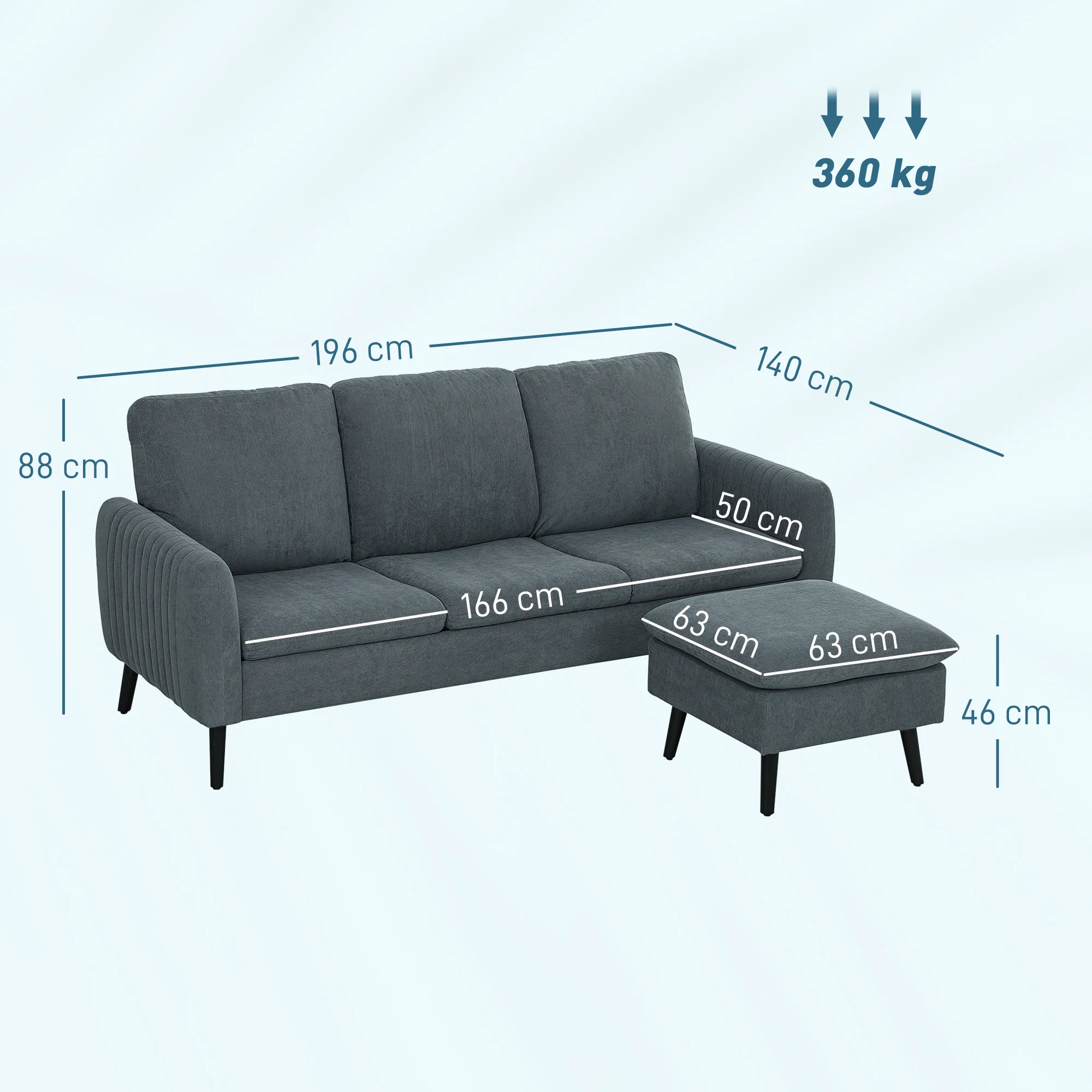 HOMCOM 3 Seater Corner Sofa Couch Settee With Chaise Lounge, Charcoal Grey - Image 5