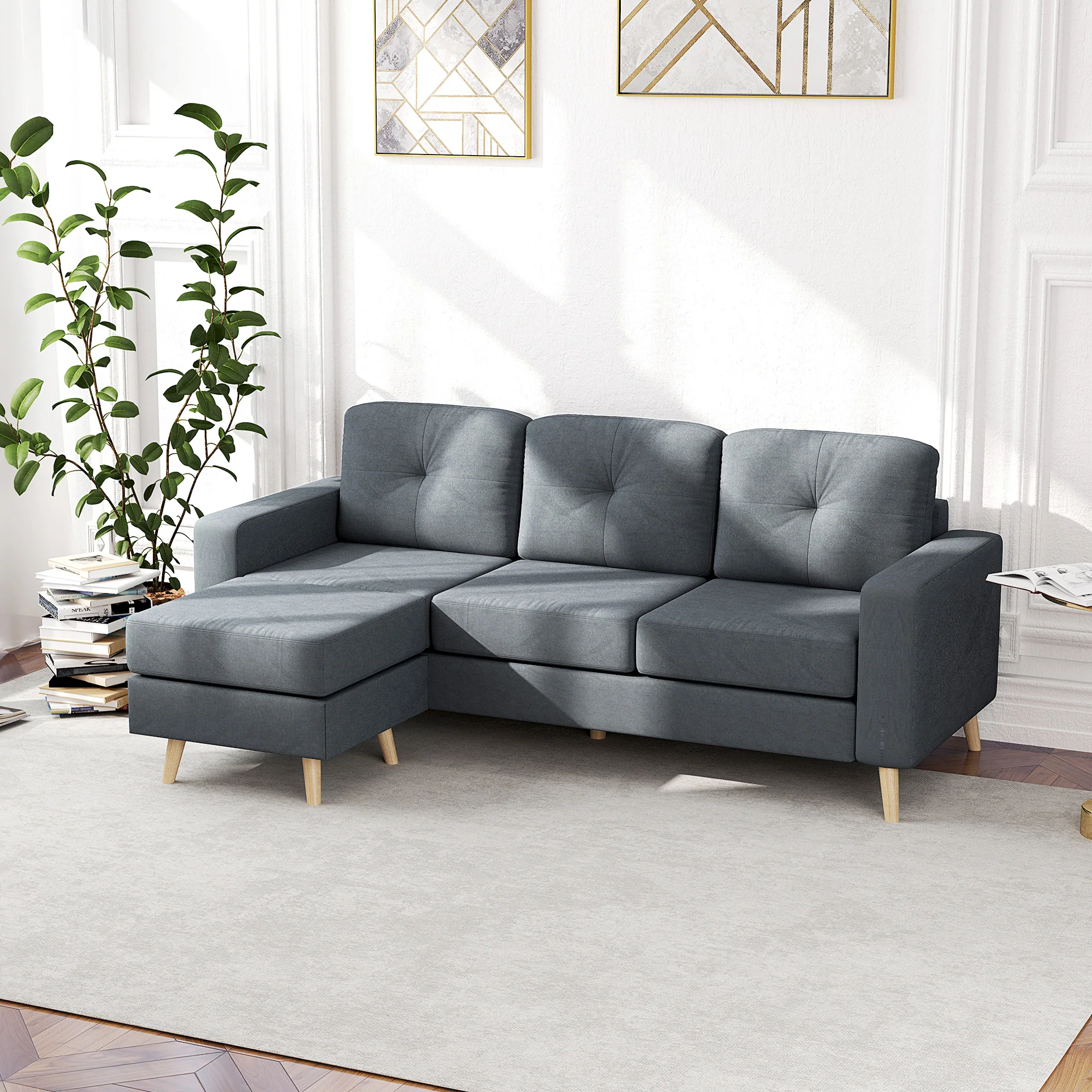 HOMCOM 3-Seater L-Shaped Linen Sofa w/ Sponge Seat Back Cushions, Dark Grey - Image 2