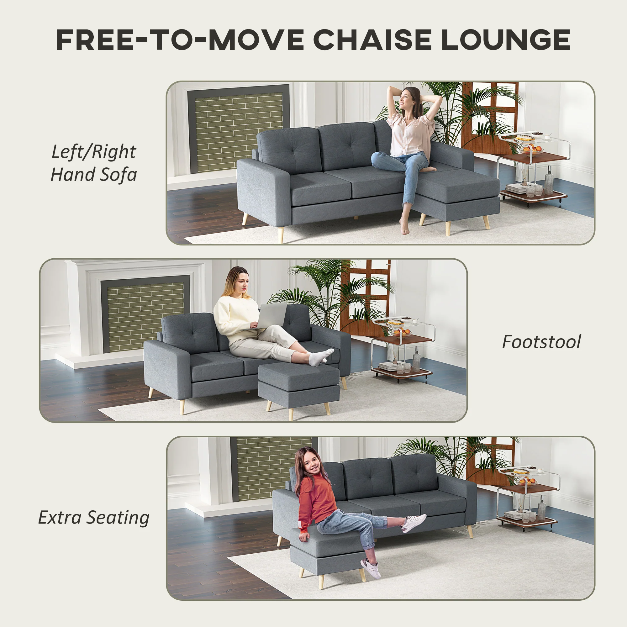 HOMCOM 3-Seater L-Shaped Linen Sofa w/ Sponge Seat Back Cushions, Dark Grey - Image 3